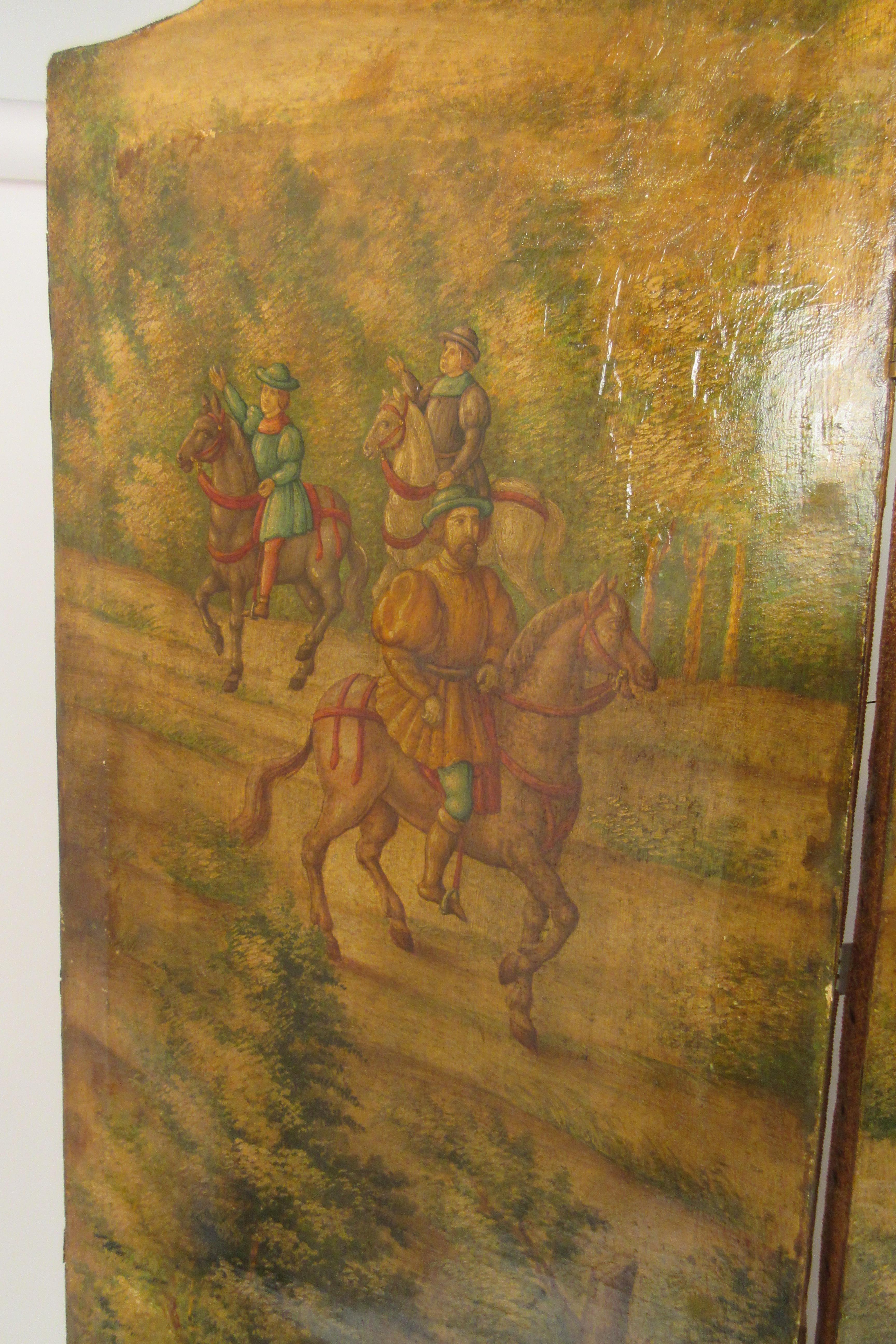 Late 19th Century 1870s Italian Painted Screen of Hunters on Hoses with Dogs