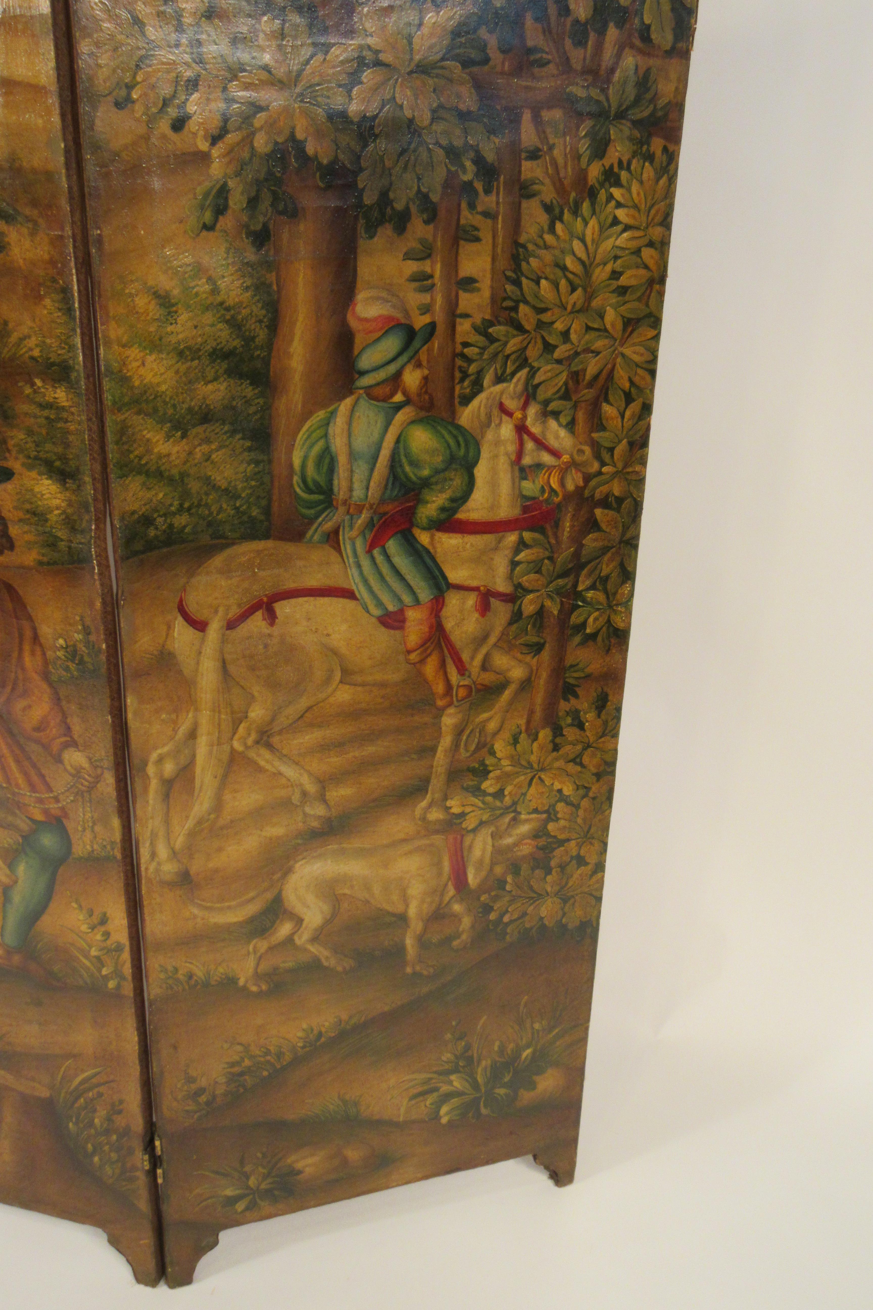 1870s Italian Painted Screen of Hunters on Hoses with Dogs 2