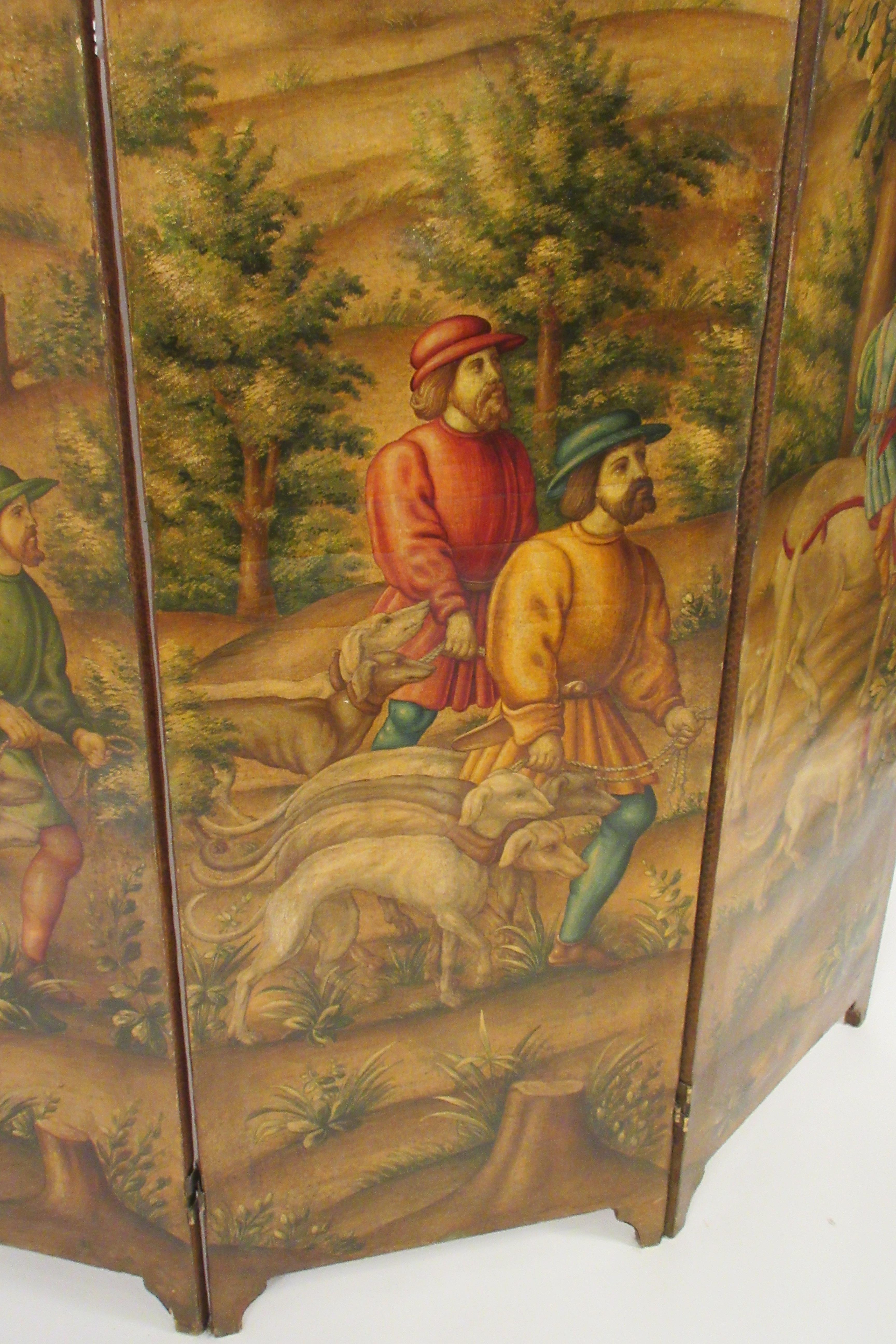 1870s Italian Painted Screen of Hunters on Hoses with Dogs 3
