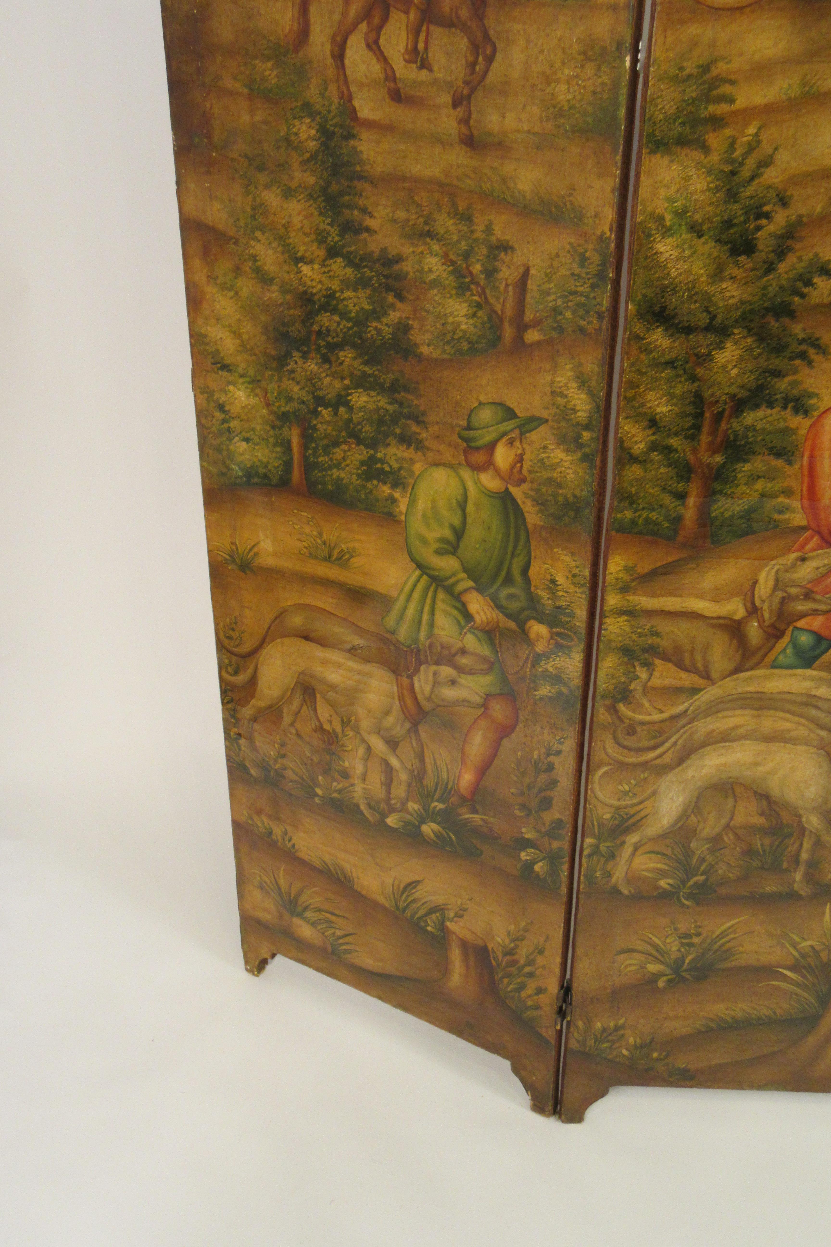 1870s Italian Painted Screen of Hunters on Hoses with Dogs 4