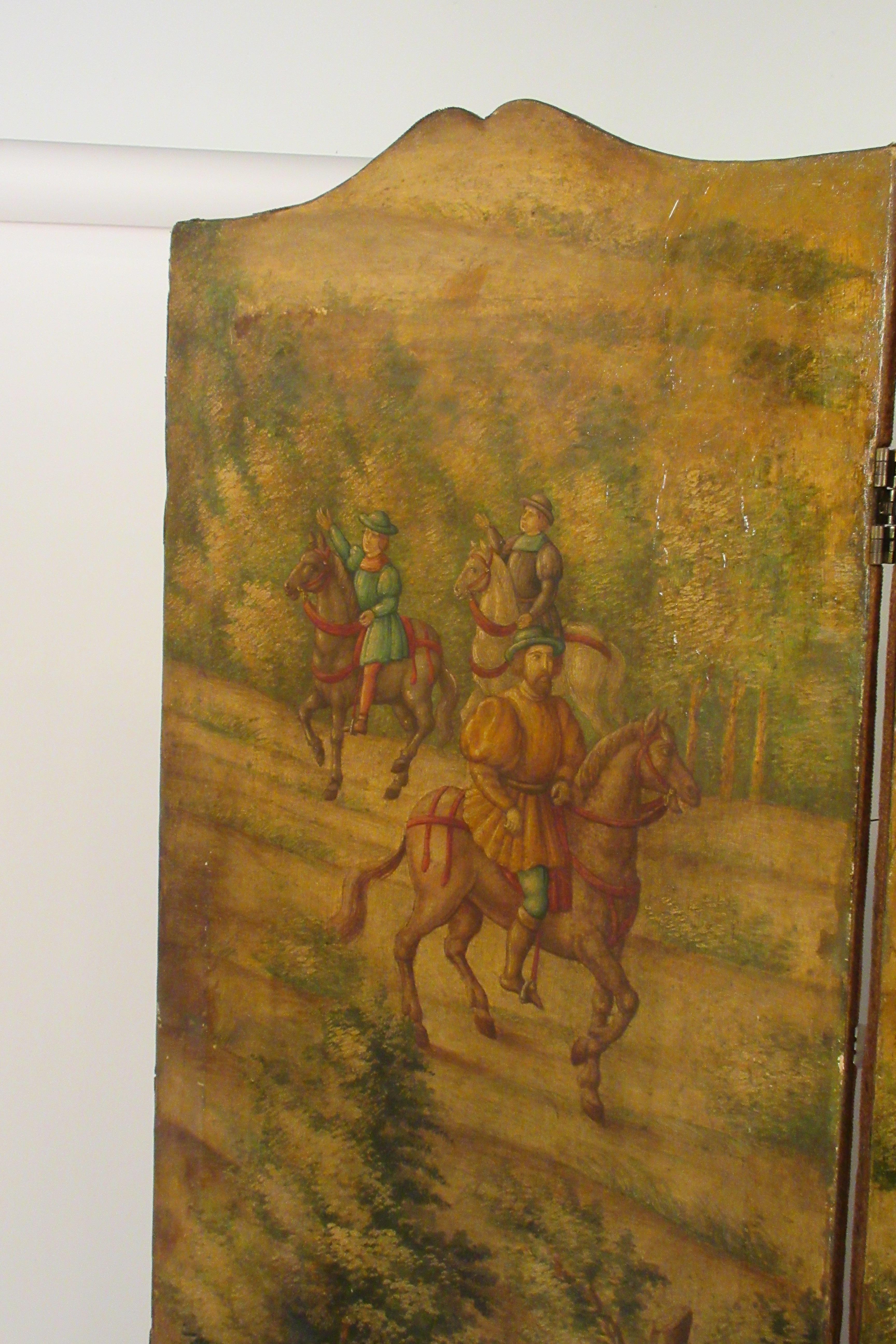 1870s Italian Painted Screen of Hunters on Hoses with Dogs 5