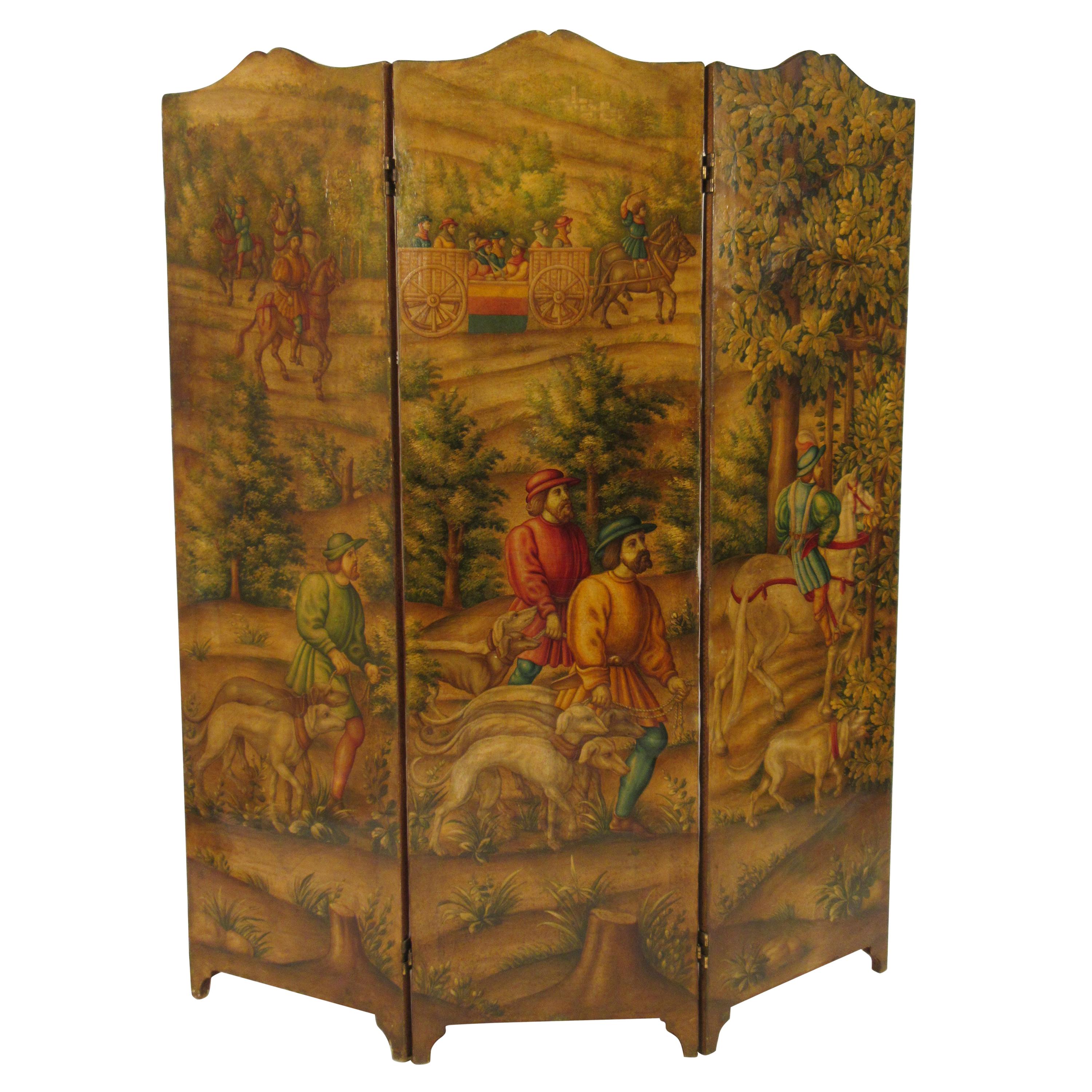 1870s Italian Painted Screen of Hunters on Hoses with Dogs