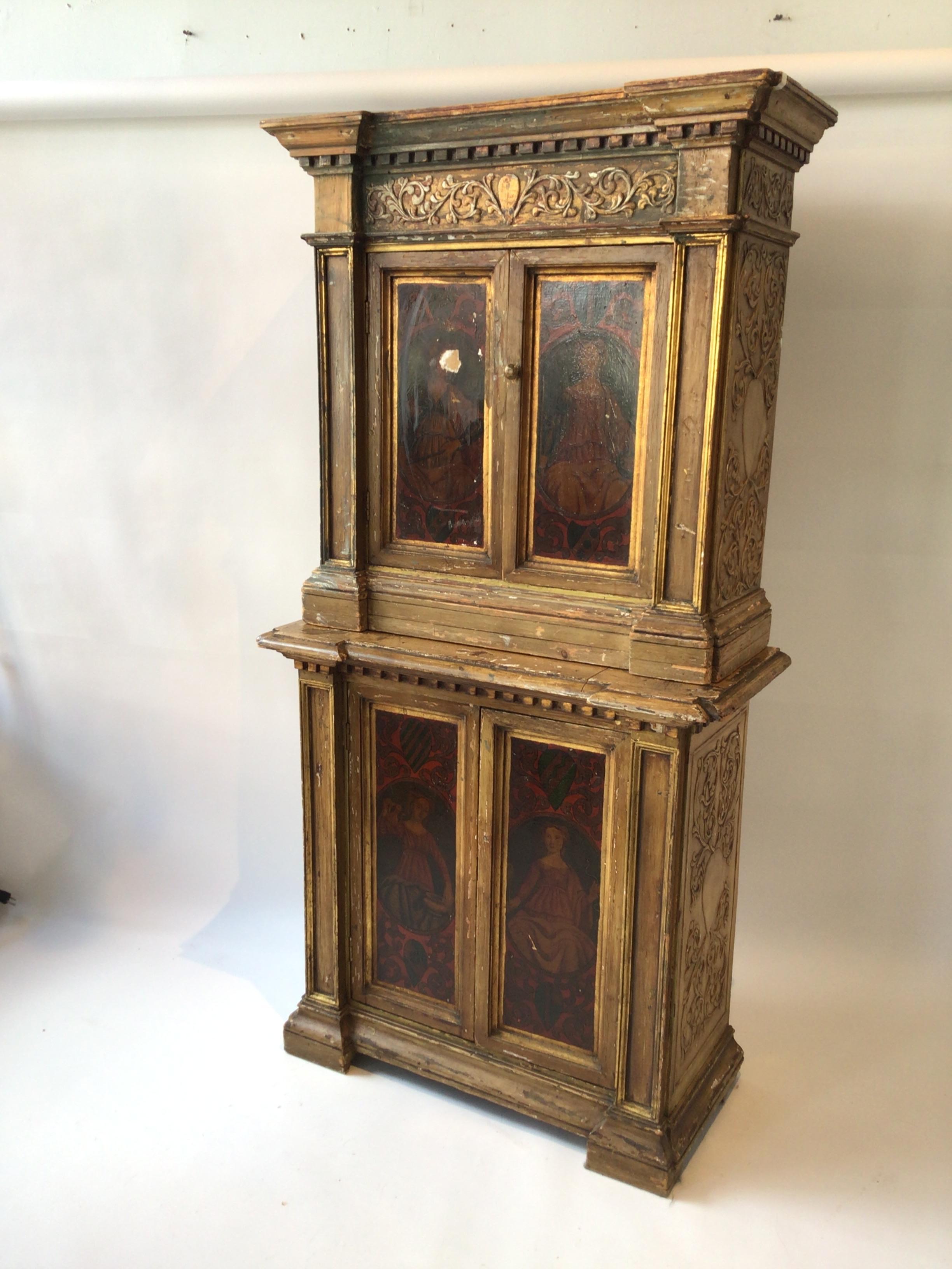 1870s Italian Renaissance style 4 door cupboard. Hand painted scenes on each door. Purchased from the Natale Busoni Gallery in Florence.