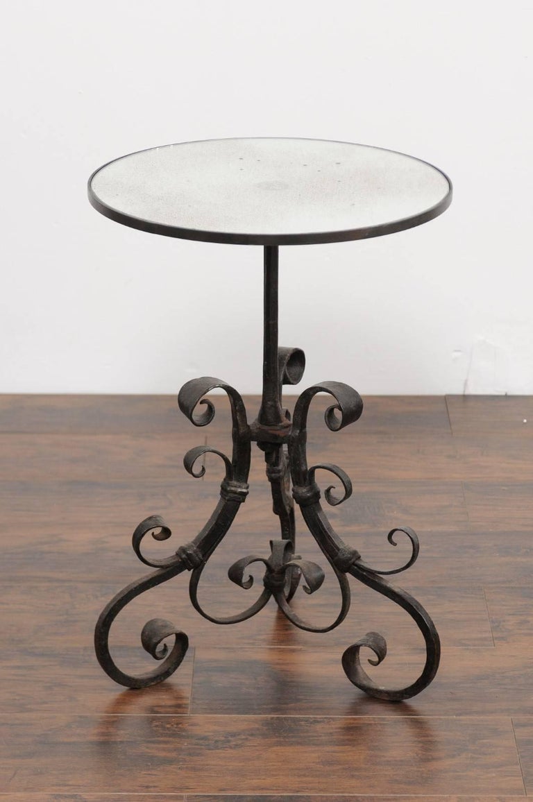 1870s Italian WroughtIron Pedestal Side Table with Mirrored Top and