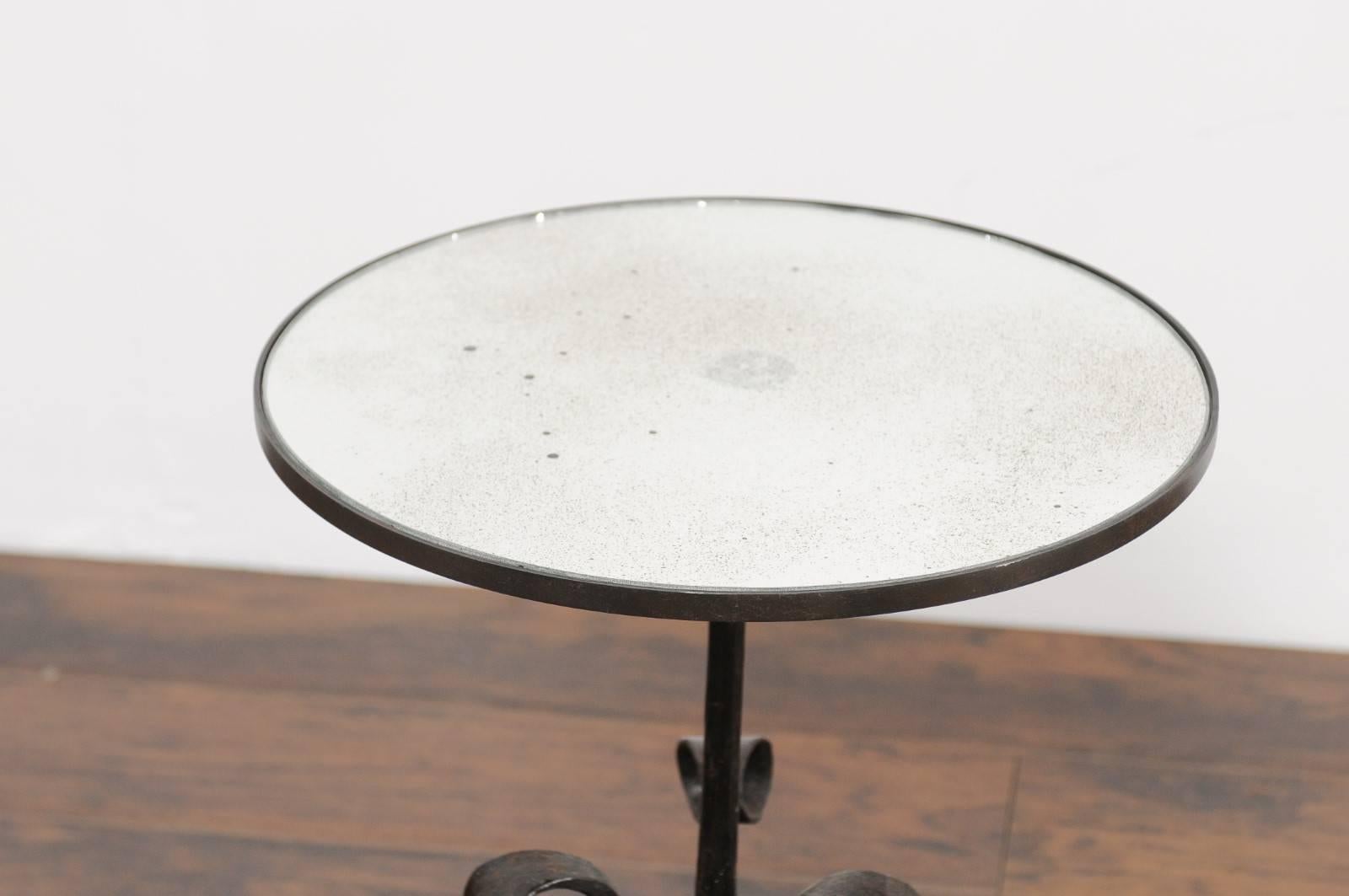 19th Century 1870s Italian Wrought-Iron Pedestal Side Table with Mirrored Top and Scrolls