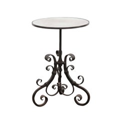 1870s Italian Wrought-Iron Pedestal Side Table with Mirrored Top and Scrolls