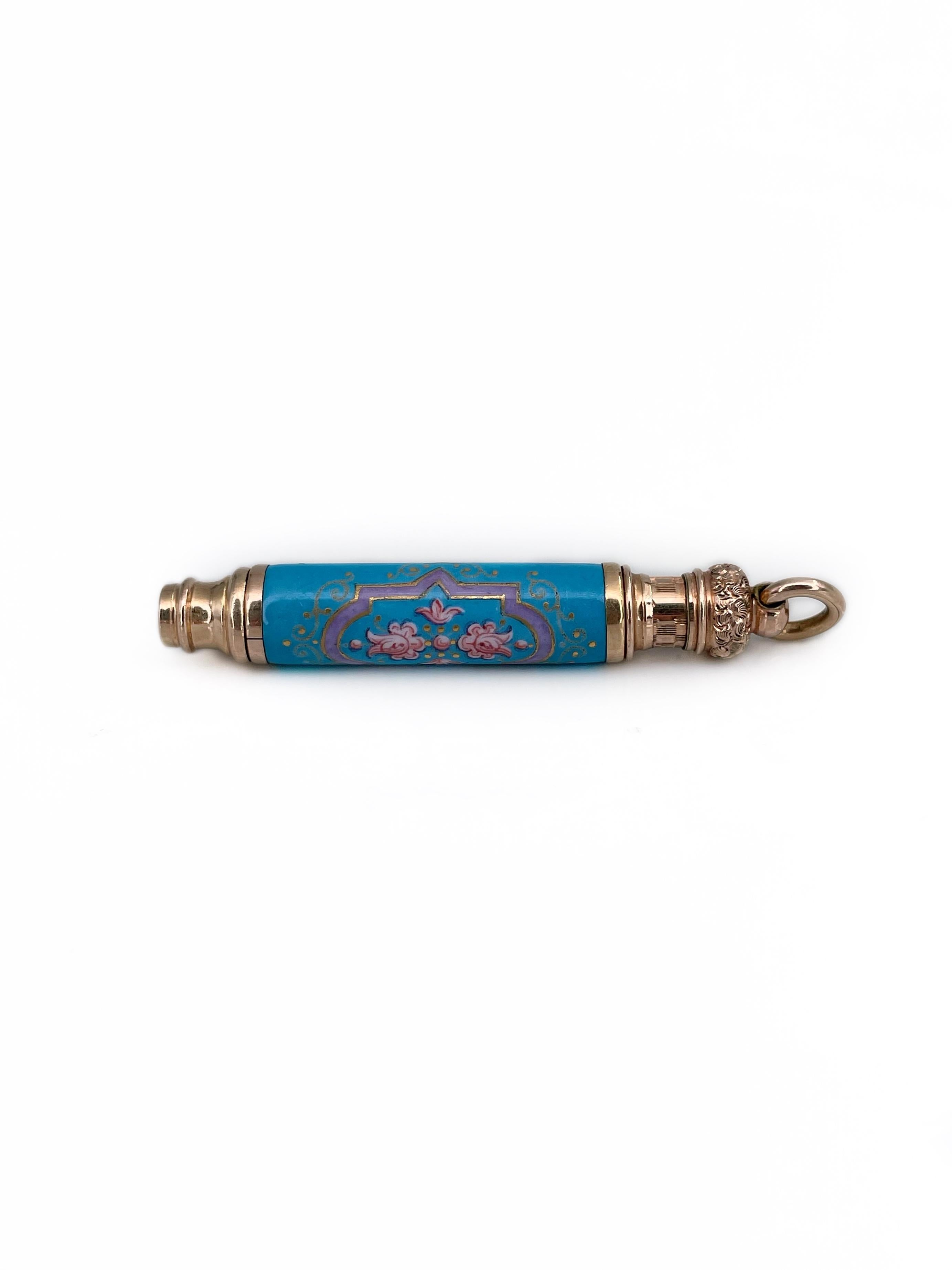 This is an elegant antique telescopic propelling pencil pendant designed by Leroy W. Fairchild. Circa 1870.

It is gold cased and adorned with colourful sky blue and pink enamel in floral motifs.

Signed: L. W. Fairchild March 21 71

Weight: