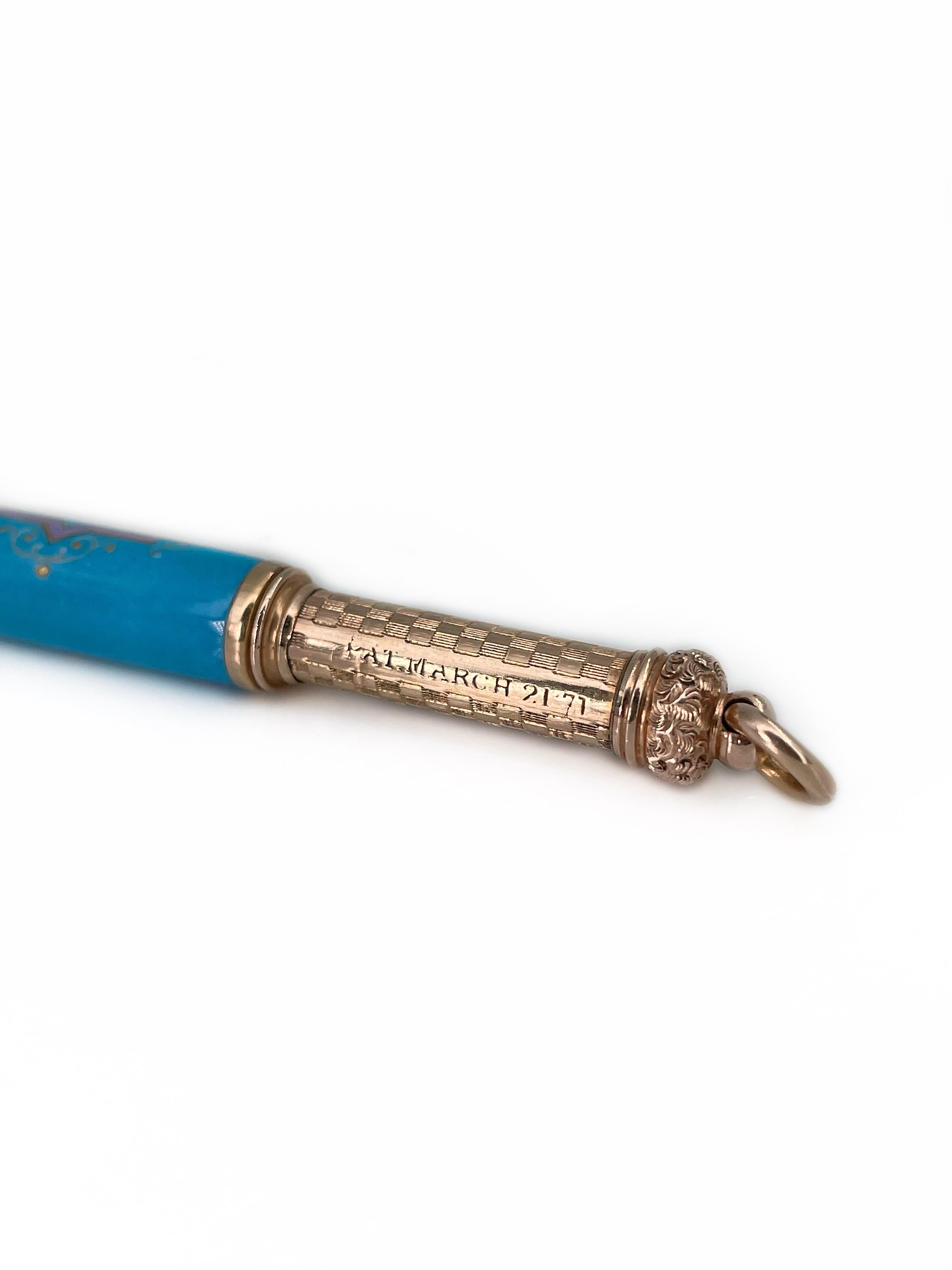 1870s L. W. Fairchild Rolled Gold Floral Enamel Propelling Pencil Pendant For Sale 3
