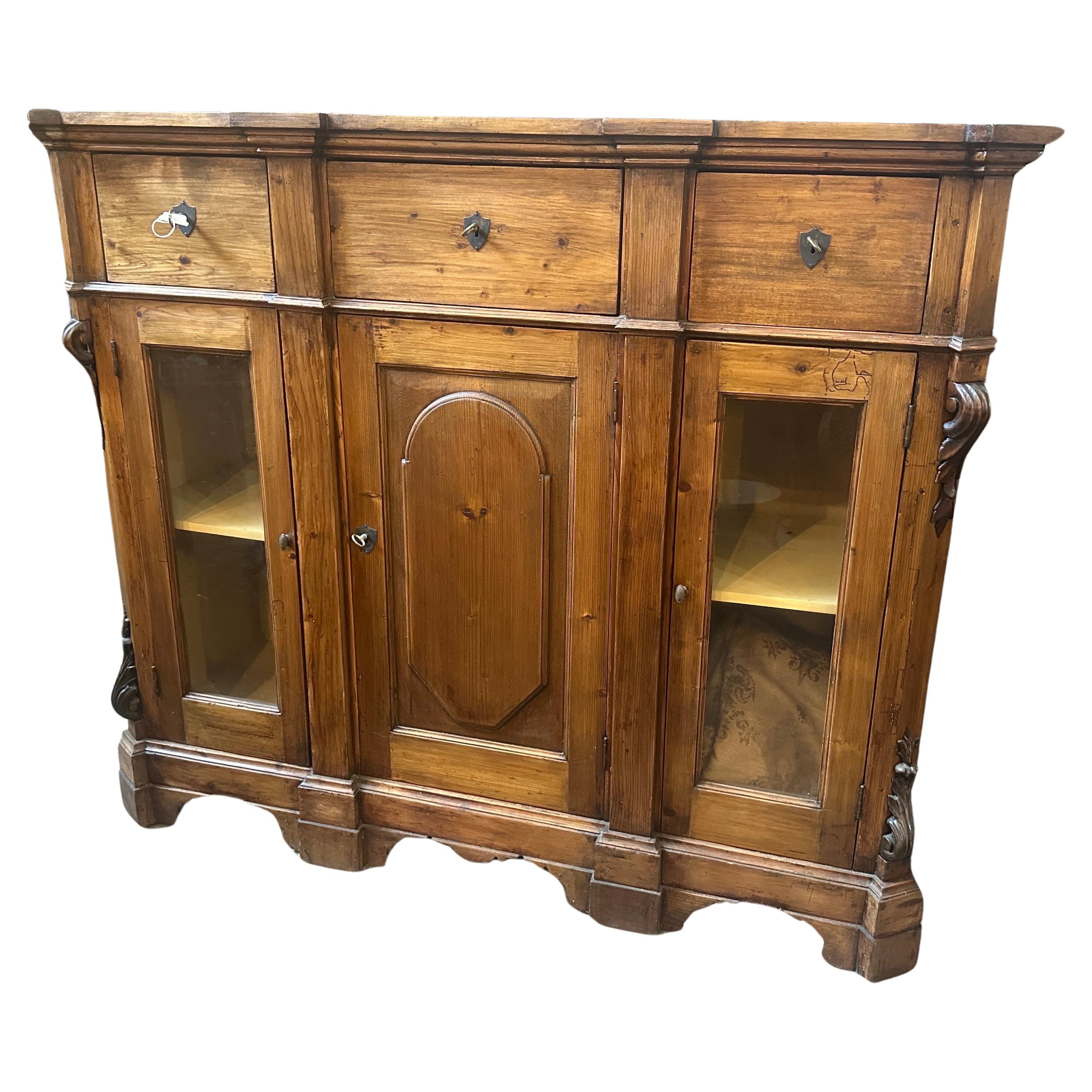1870s Louis Philippe Hand-Carved Fir Wood Sicilian Credenza For Sale