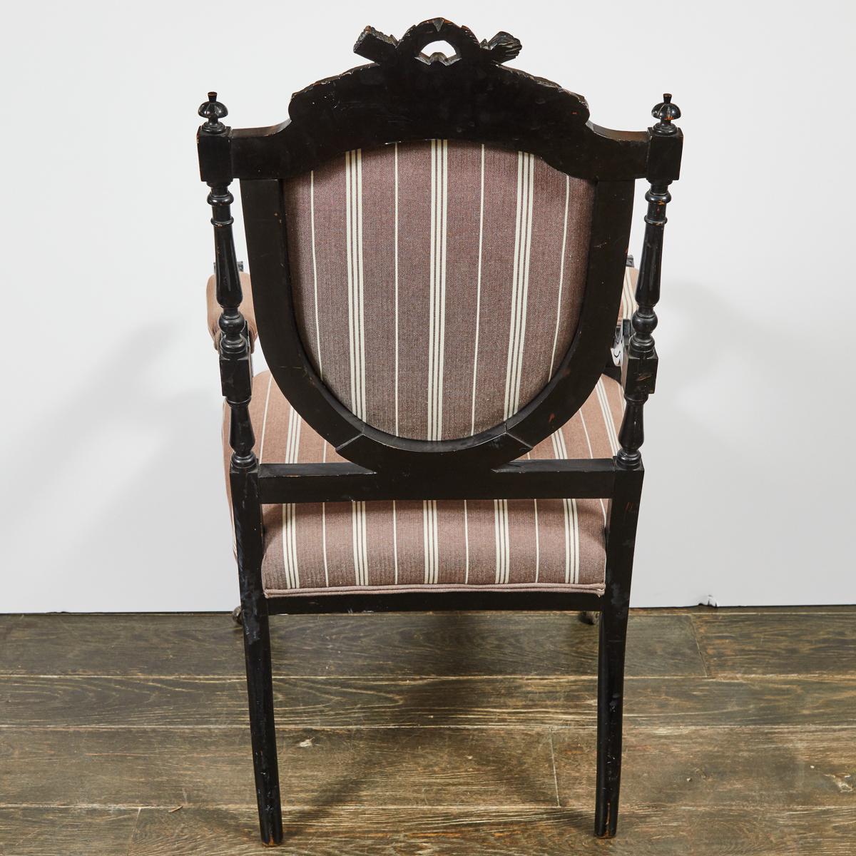 French 1870s Louis XVI Style Ebonized Fauteuil in Upholstered Linen For Sale