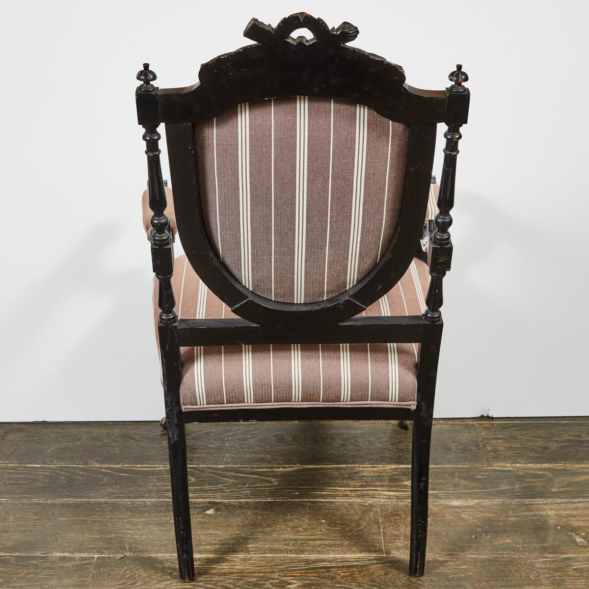 1870s Louis XVI Style Ebonized Fauteuil in Upholstered Linen For Sale 3