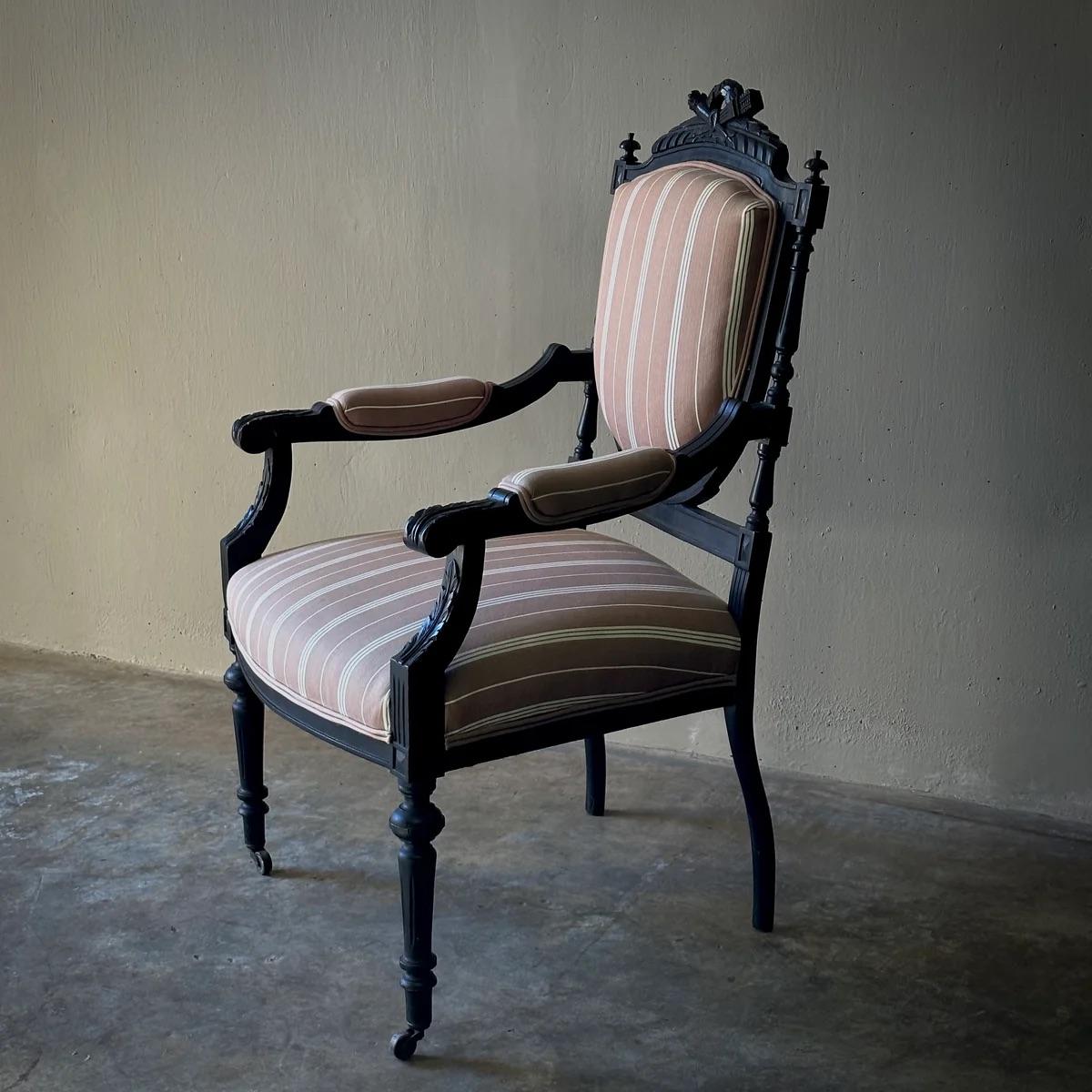 19th Century 1870s Louis XVI Style Ebonized Fauteuil in Upholstered Linen For Sale