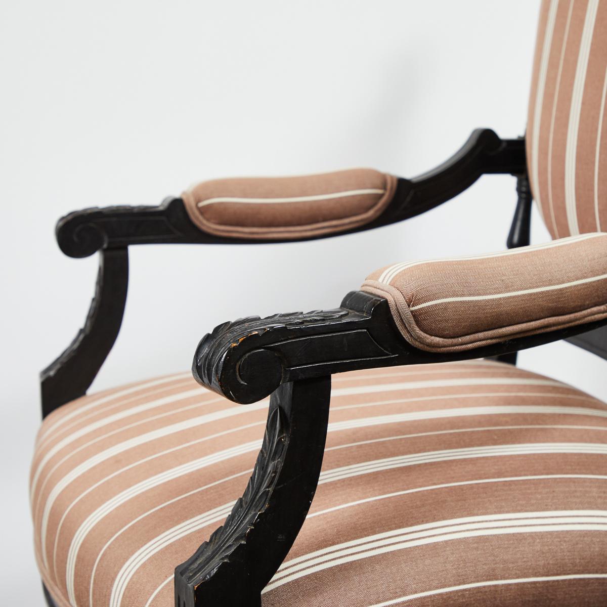 1870s Louis XVI Style Ebonized Fauteuil in Upholstered Linen For Sale 6