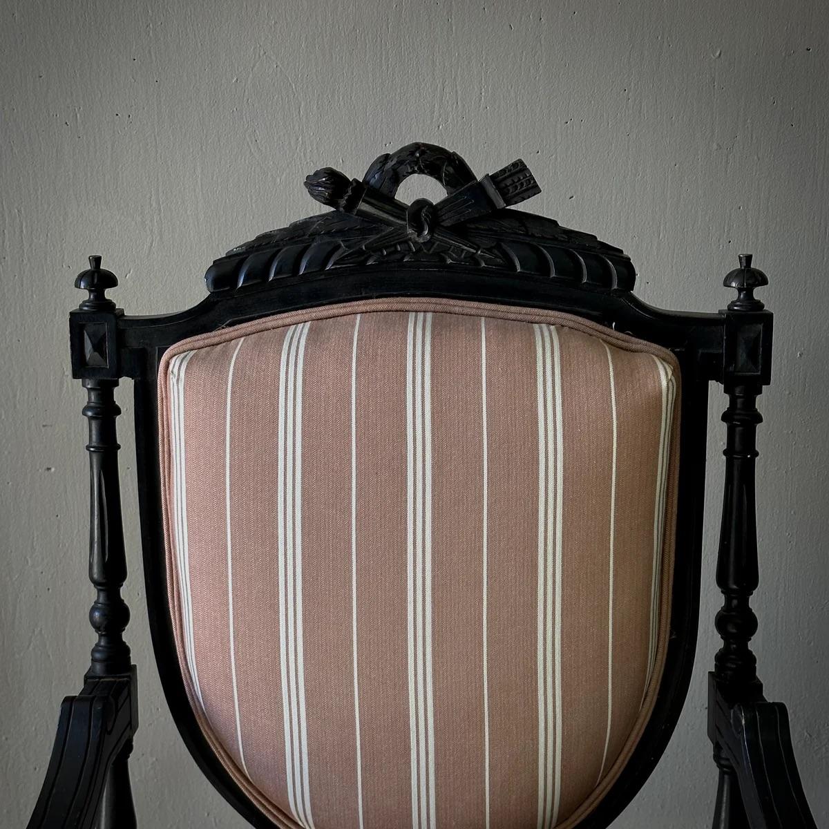 Upholstery 1870s Louis XVI Style Ebonized Fauteuil in Upholstered Linen For Sale