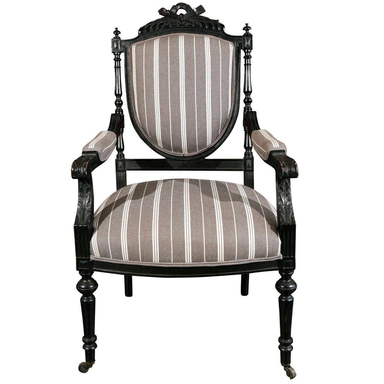 1870s Louis XVI Style Ebonized Fauteuil in Upholstered Linen For Sale 1