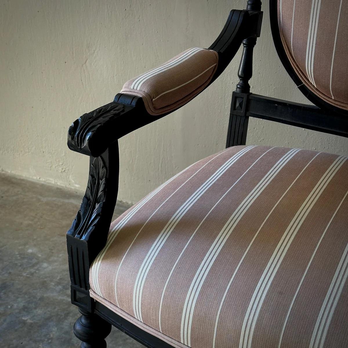 1870s Louis XVI Style Ebonized Fauteuil in Upholstered Linen For Sale 1