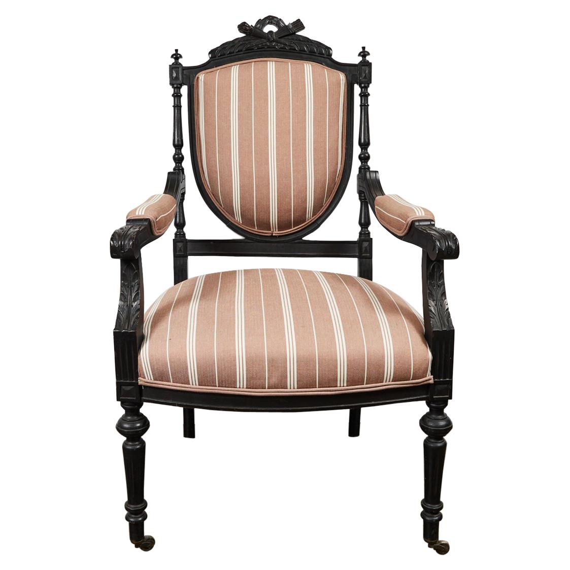 1870s Louis XVI Style Ebonized Fauteuil in Upholstered Linen For Sale