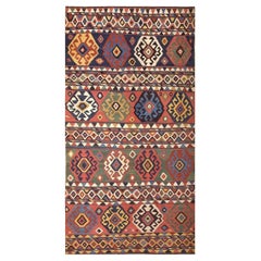 1870s Multicolor Diamond Tribal Antique Caucasian Kuba Kilim Flatweave Wool Rug