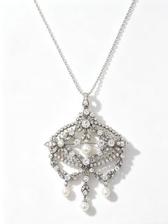 1870s Natural Pearl and Diamond Pendant Necklace