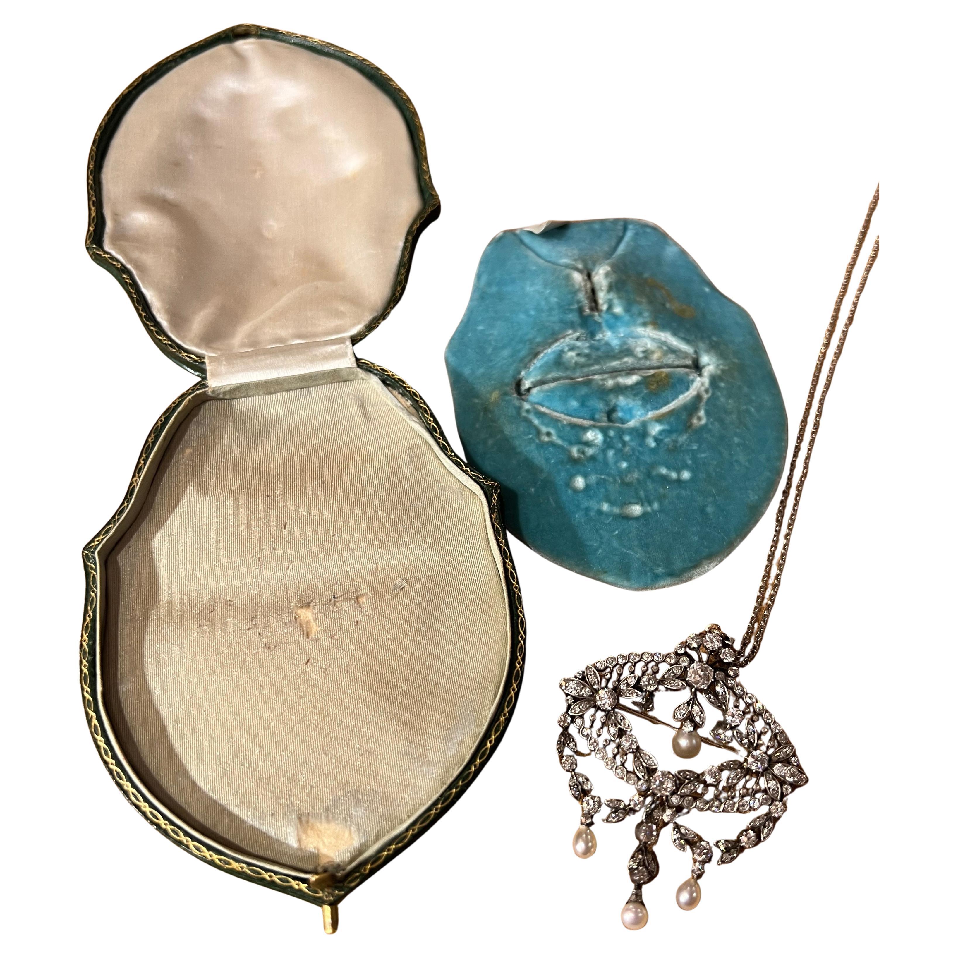 1870s Natural Pearl and Diamond Pendant Necklace For Sale