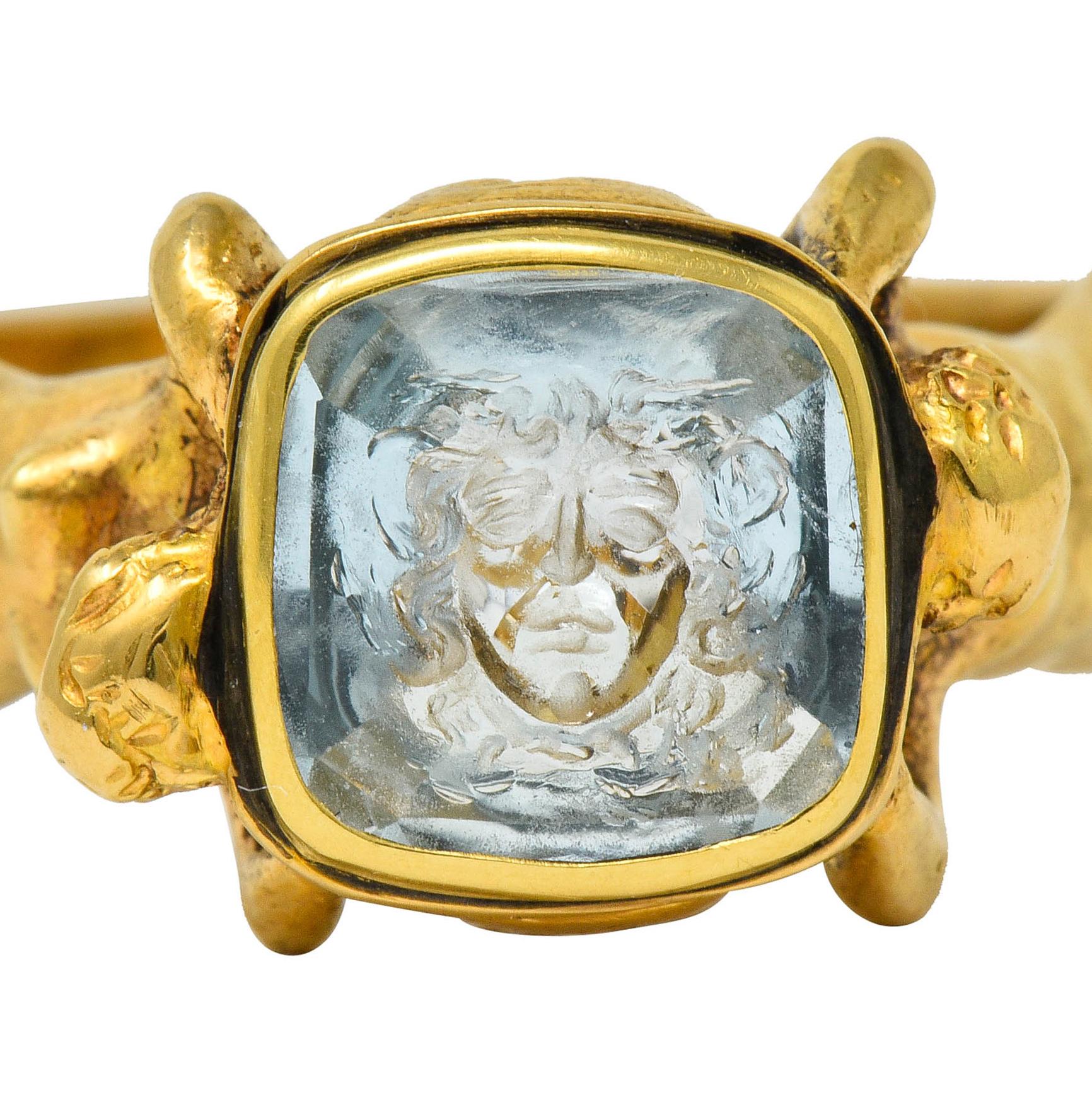 1870er Jahre Neoklassizistischer Aquamarin-Intaglio 18 Karat Gold Medusa Gorgon Siegelring 4