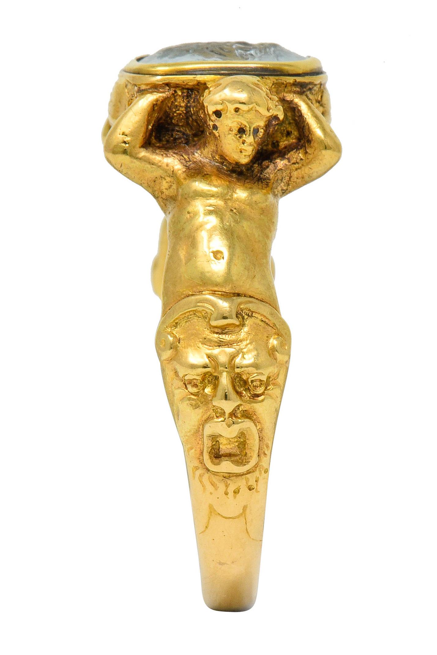 1870er Jahre Neoklassizistischer Aquamarin-Intaglio 18 Karat Gold Medusa Gorgon Siegelring 6