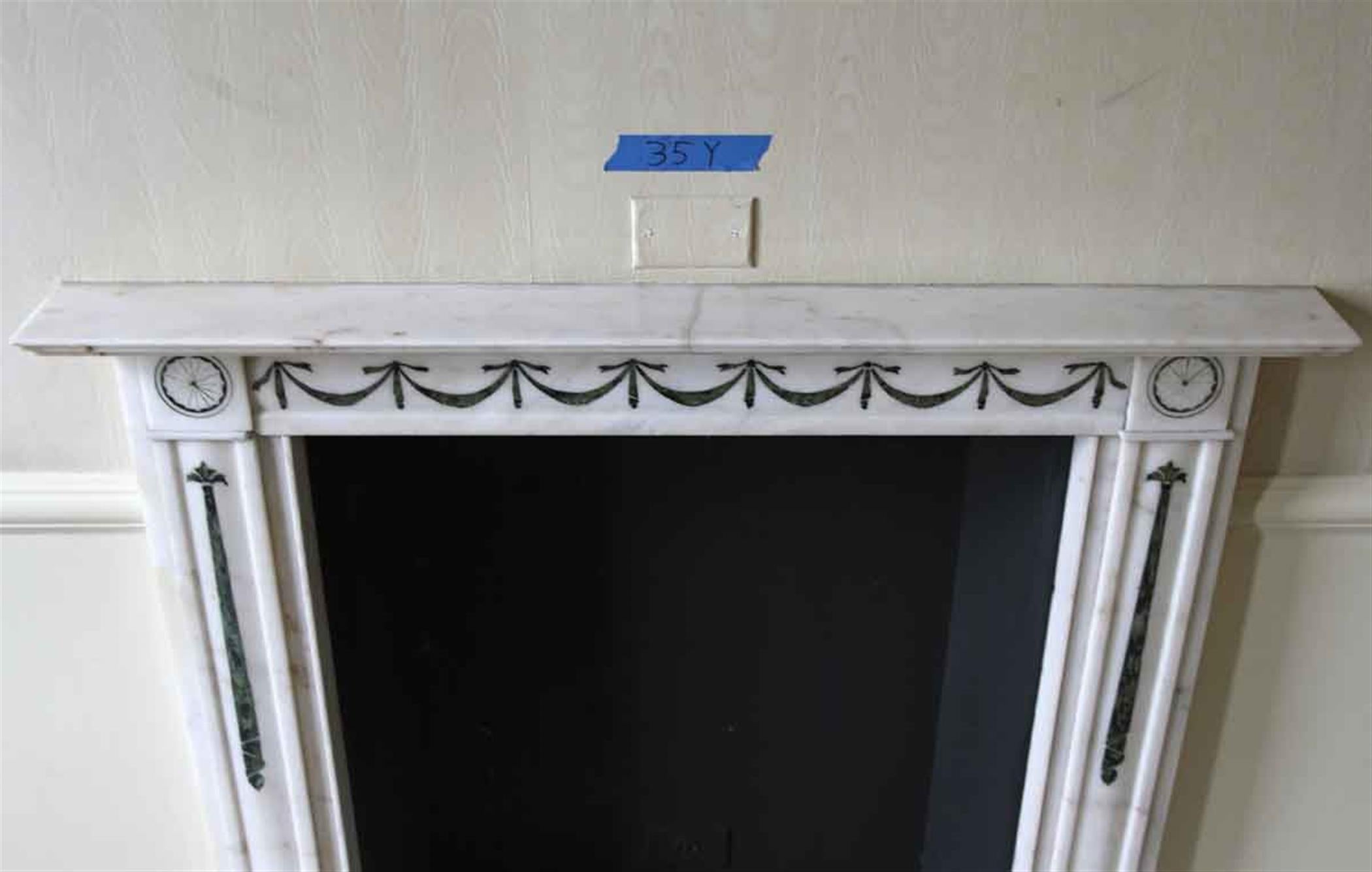 French NYC Waldorf Astoria Hotel White Onyx Mantel Green Inlay For Sale