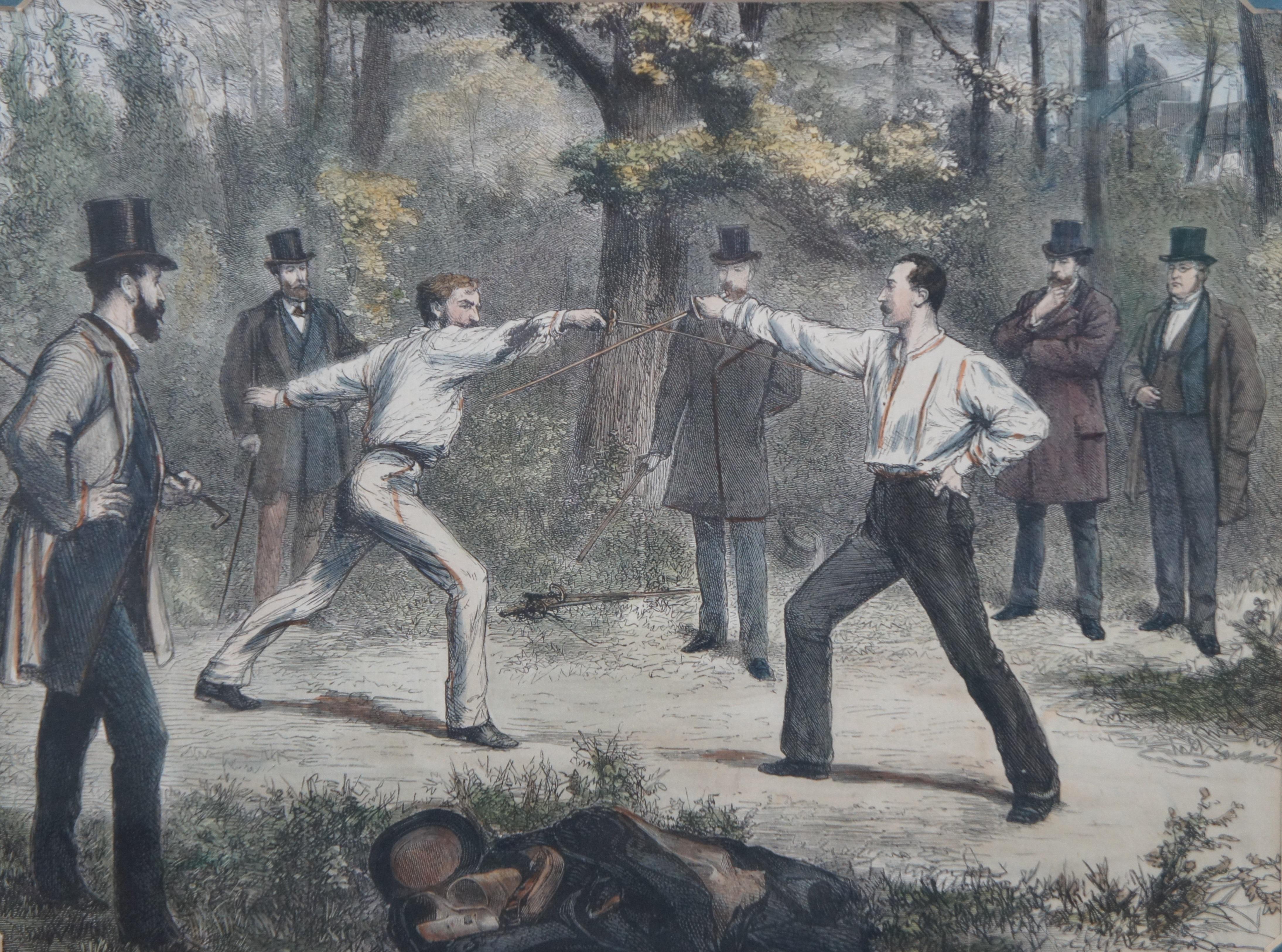 Paper 1870s Parisian Duels An Encounter in the Bois Boulogne Hand Colored Engraving