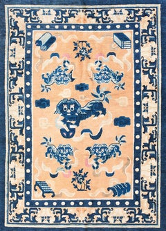 1870s Peach Foo Dog Antique Chinese Ningxia Carpet 4' 6" x 6' Knotted Wool Rug