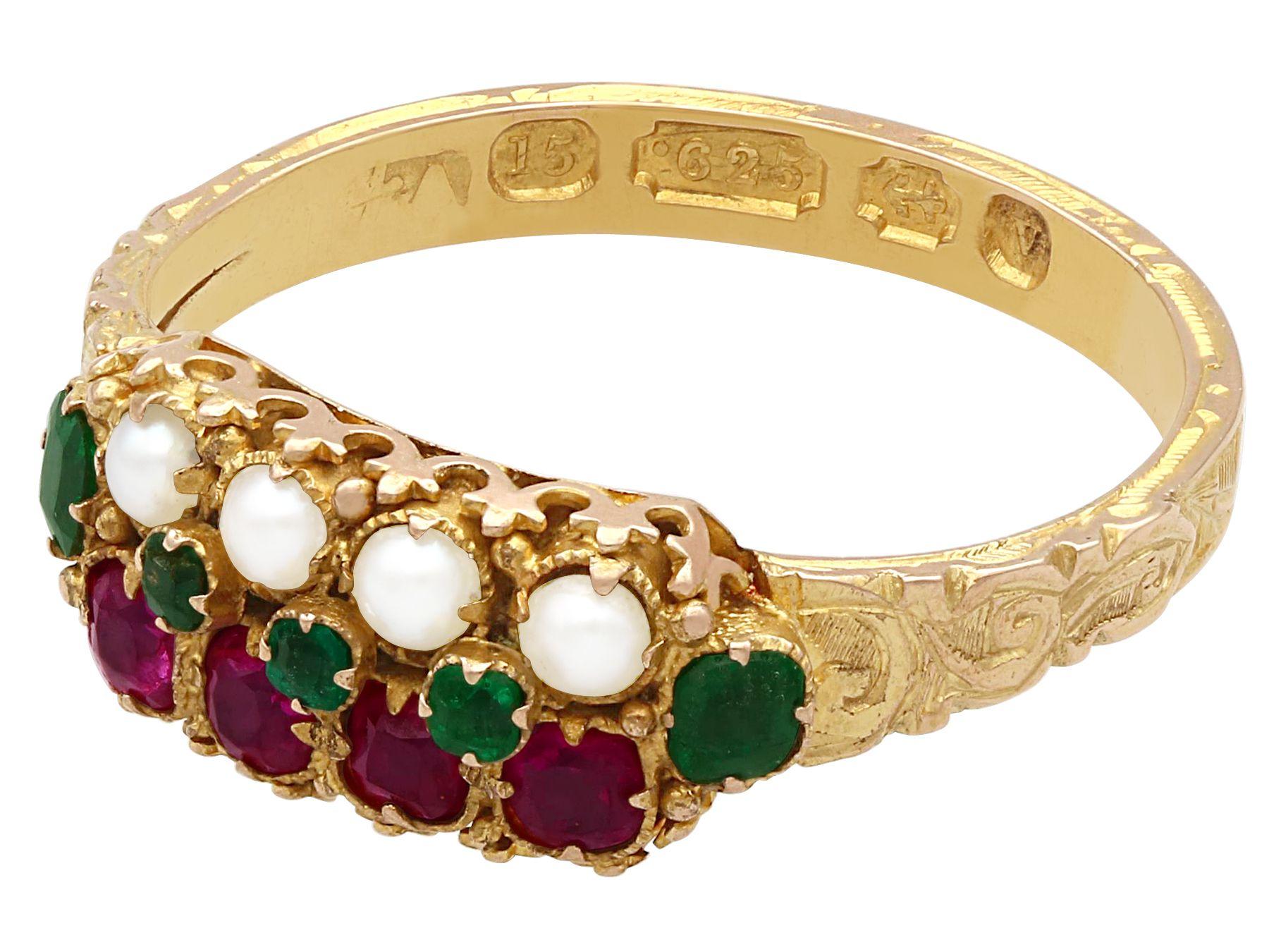 Round Cut Victorian Pearl Emerald Amethyst Yellow Gold Cocktail Ring For Sale