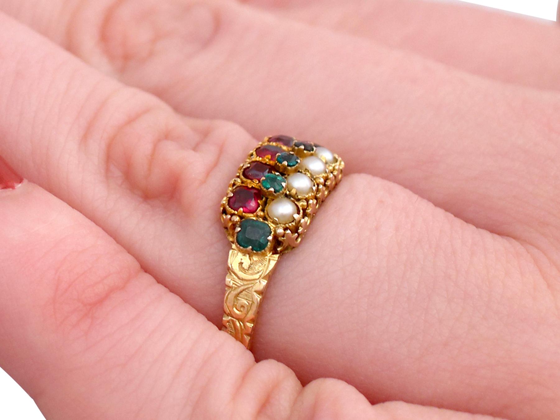 Victorian Pearl Emerald Amethyst Yellow Gold Cocktail Ring For Sale 3