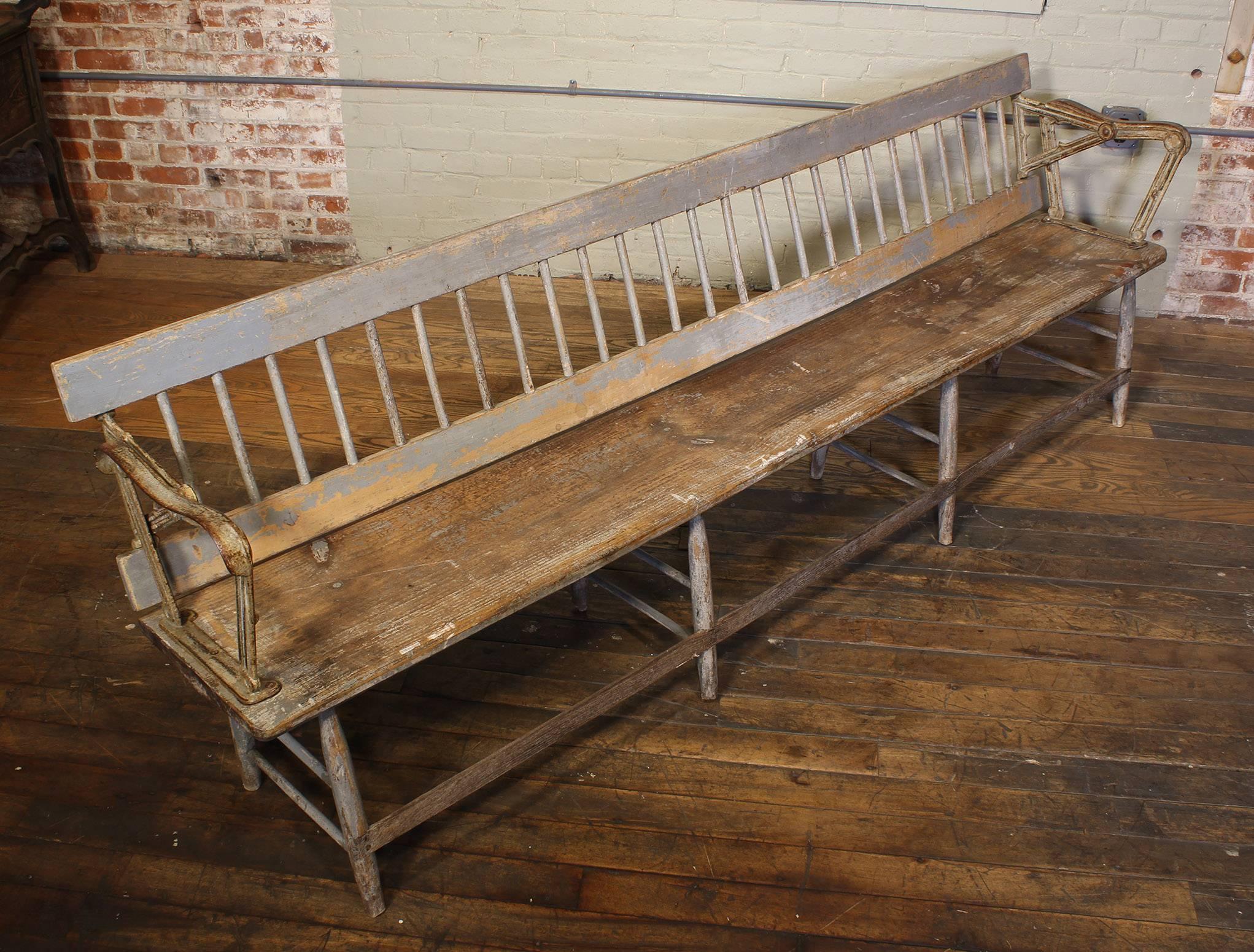 1870s Railroad Station Reversible Flip Back Train Depot Wood and Cast Iron Bench 2