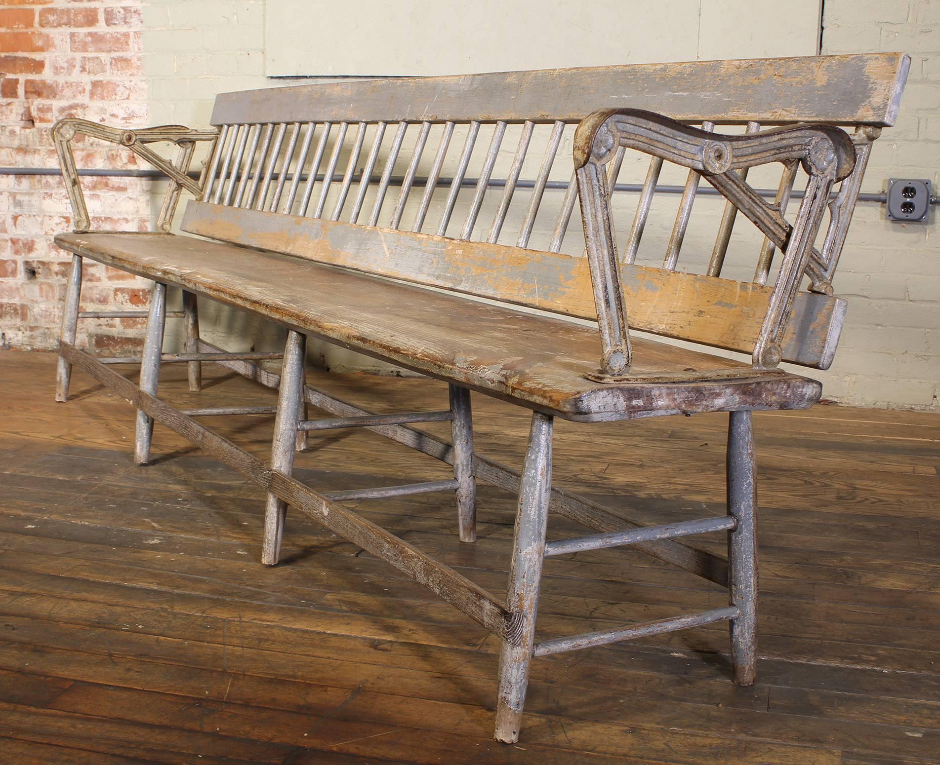 American 1870s Railroad Station Reversible Flip Back Train Depot Wood and Cast Iron Bench