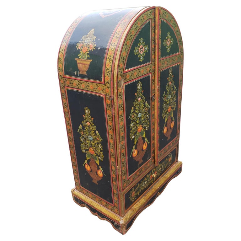 Very 1870s Scandinavian rosemaling hand painted small chest cupboard with internal drawers and two shelves with a storage area with door, all behind two French style doors. Hand painted inside out with flower patterns. 
Good antique