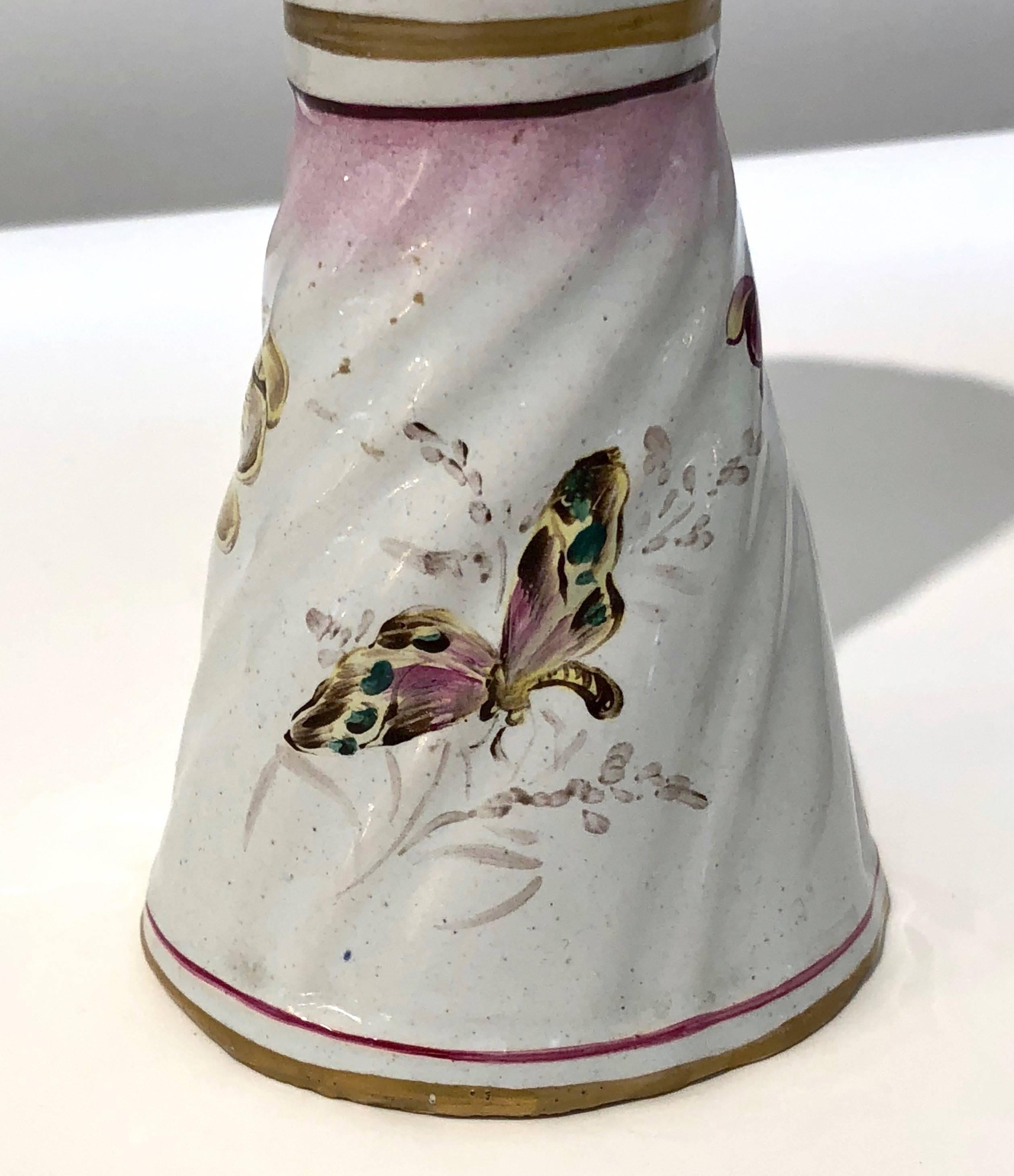 Enameled 1870s St. Clement French Faience Majolica Pair of White Pink Flower Vases For Sale