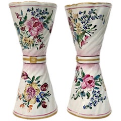 Antique 1870s St. Clement French Faience Majolica Pair of White Pink Flower Vases