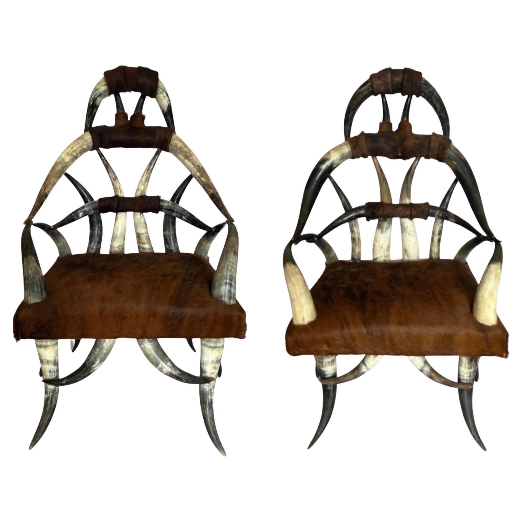 1870s Steer Horn Pair of Matching Lounge Arm Chairs