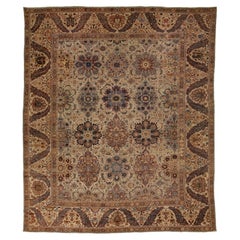 Tappeto antico persiano Sultanabad Rugs in lana beige con disegno floreale, unico nel suo genere, del 1870