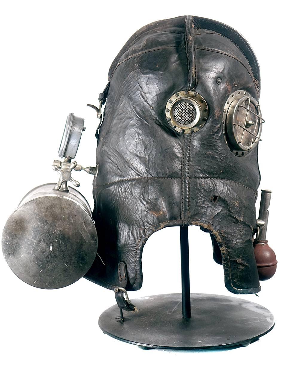 This is the celebrated Vajen-Bader smoke rescue helmet. These full face helmets are very rare and found mostly in museum collections. It’s considered the Holy Grail for collectors of early Industrial technology and fire rescue. It is also thought of