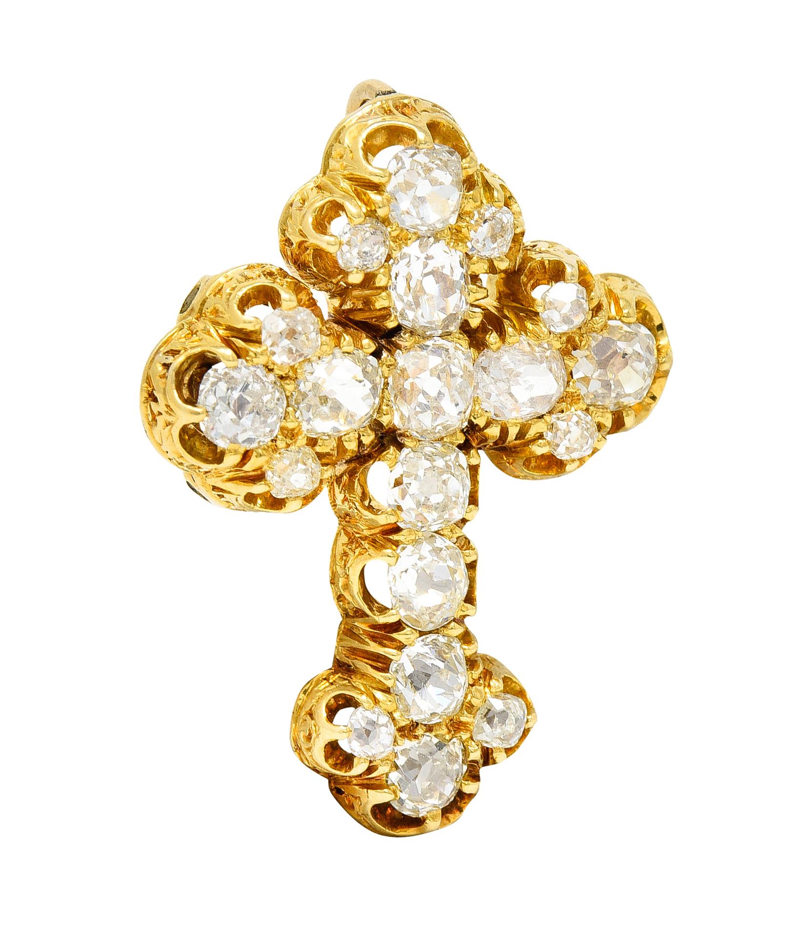 1870's Victorian 2.00 Carats Old Mine Diamond 18 Karat Yellow Gold Cross Pendant In Excellent Condition In Philadelphia, PA