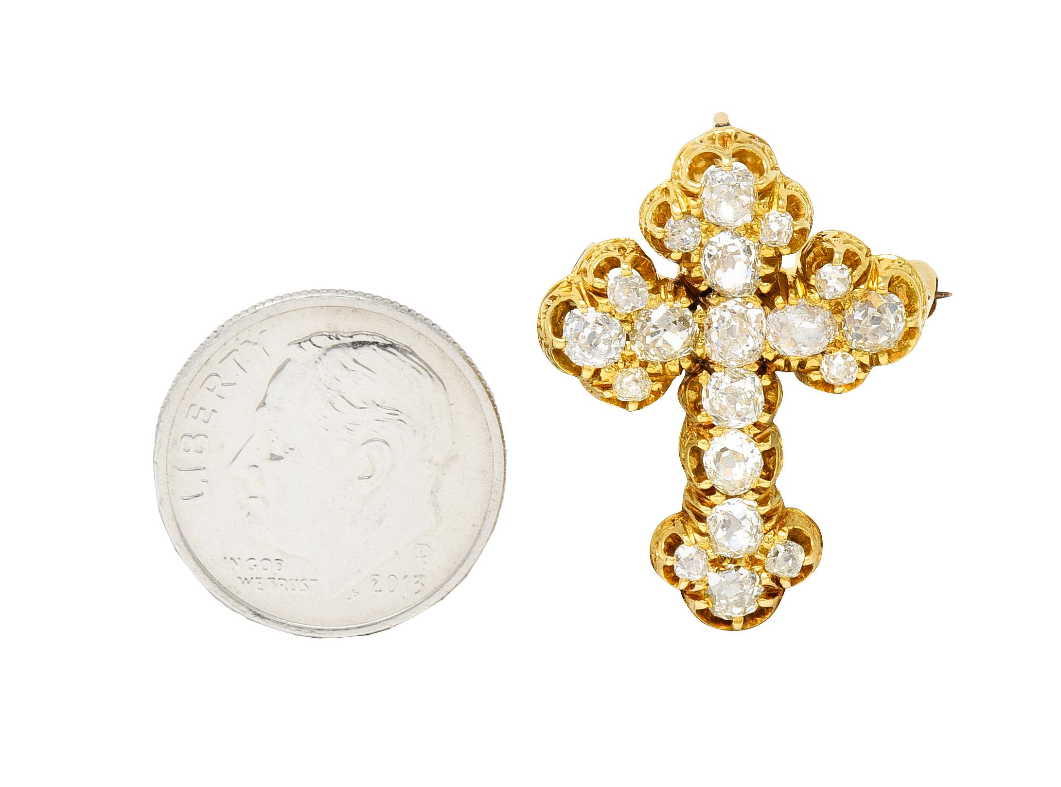 1870's Victorian 2.00 Carats Old Mine Diamond 18 Karat Yellow Gold Cross Pendant 3