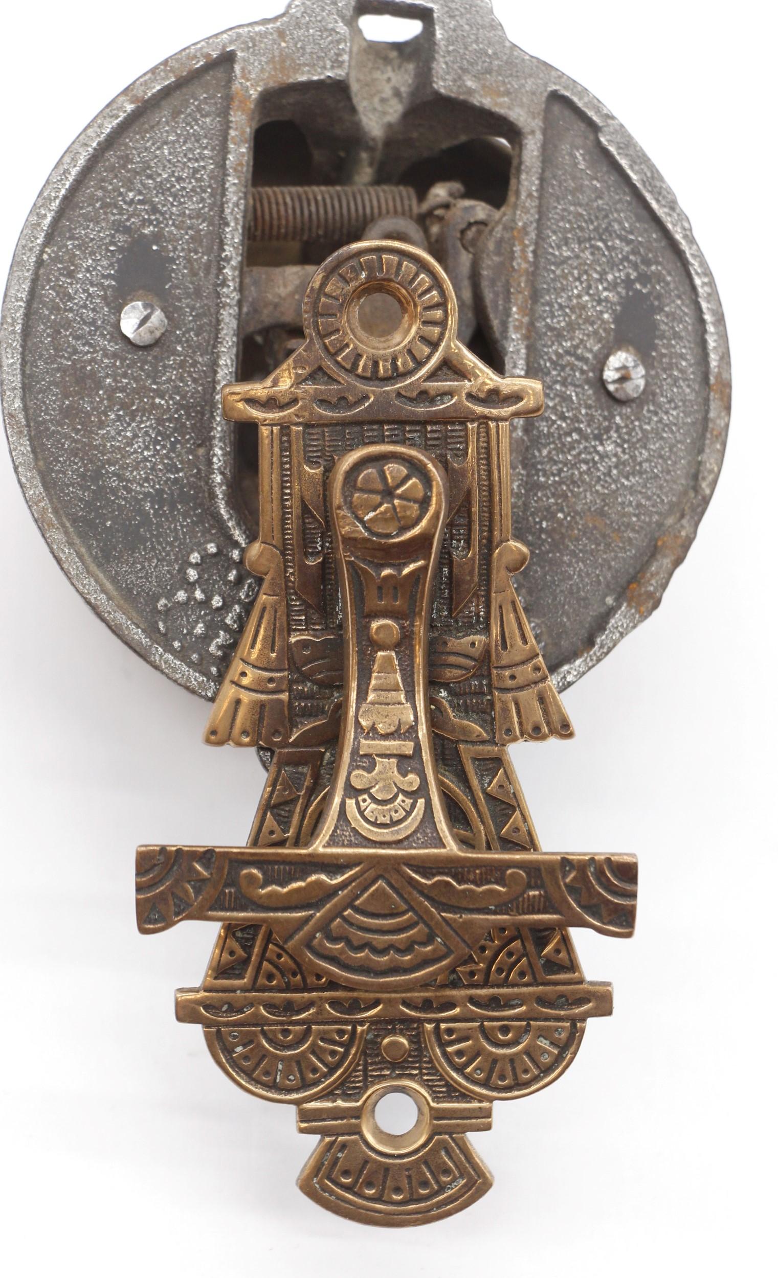American 1870s Victorian Bronze Mechanical Doorbell w/ Cast Iron Crank & Eastlake Design