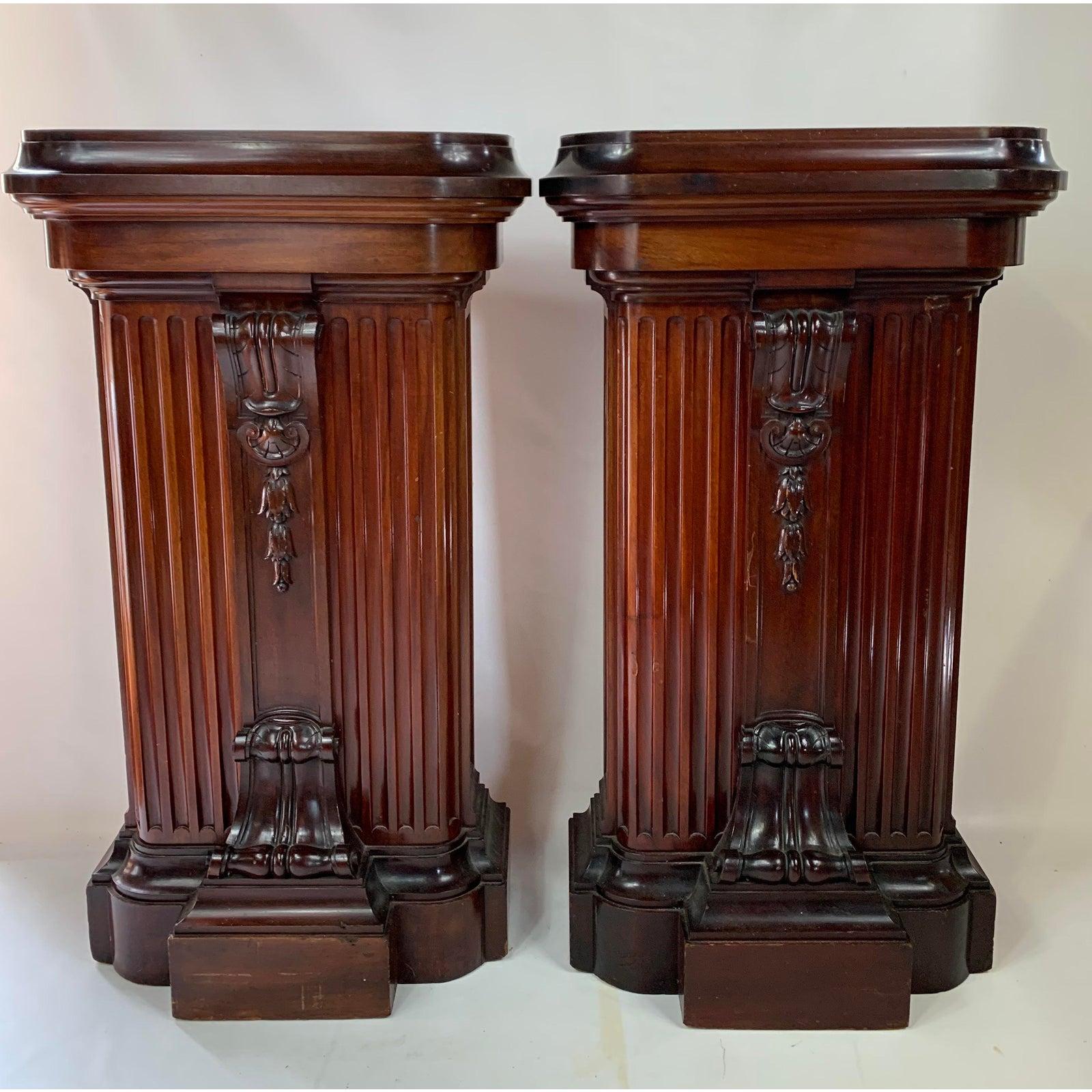 1870s heavy Victorian carved mahogany pedestal. Absolutely gorgeous heavy mahogany carved pedestals. Two available for sale, great for a bust, piece of art or lighting. These have very nice detail and are made very well.