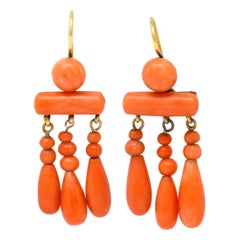 1870s Victorian Coral 14 Karat Gold Chandelier Drop Earrings