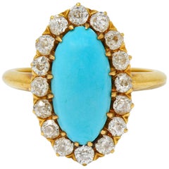 1870s Victorian Diamond Turquoise 18 Karat Gold Cluster Ring