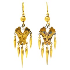 Antique 1870's Victorian Etruscan Revival 18 Karat Yellow Gold Fringe Drop Earrings
