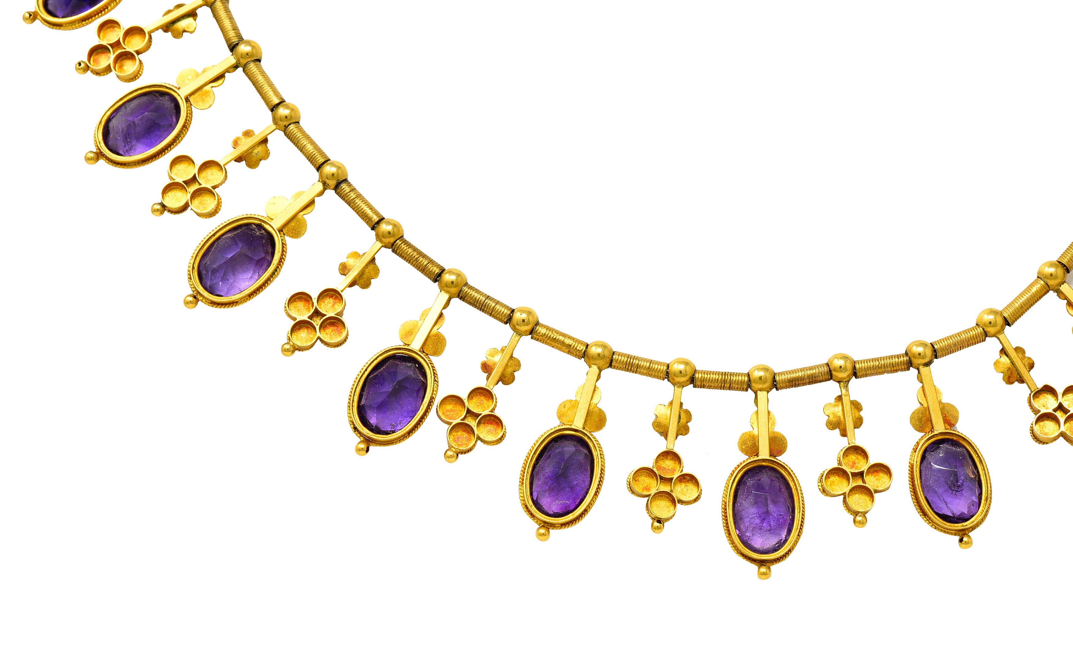 1870's Victorian Etruscan Revival Amethyst 22 Karat Gold Fringe Collar Necklace 2