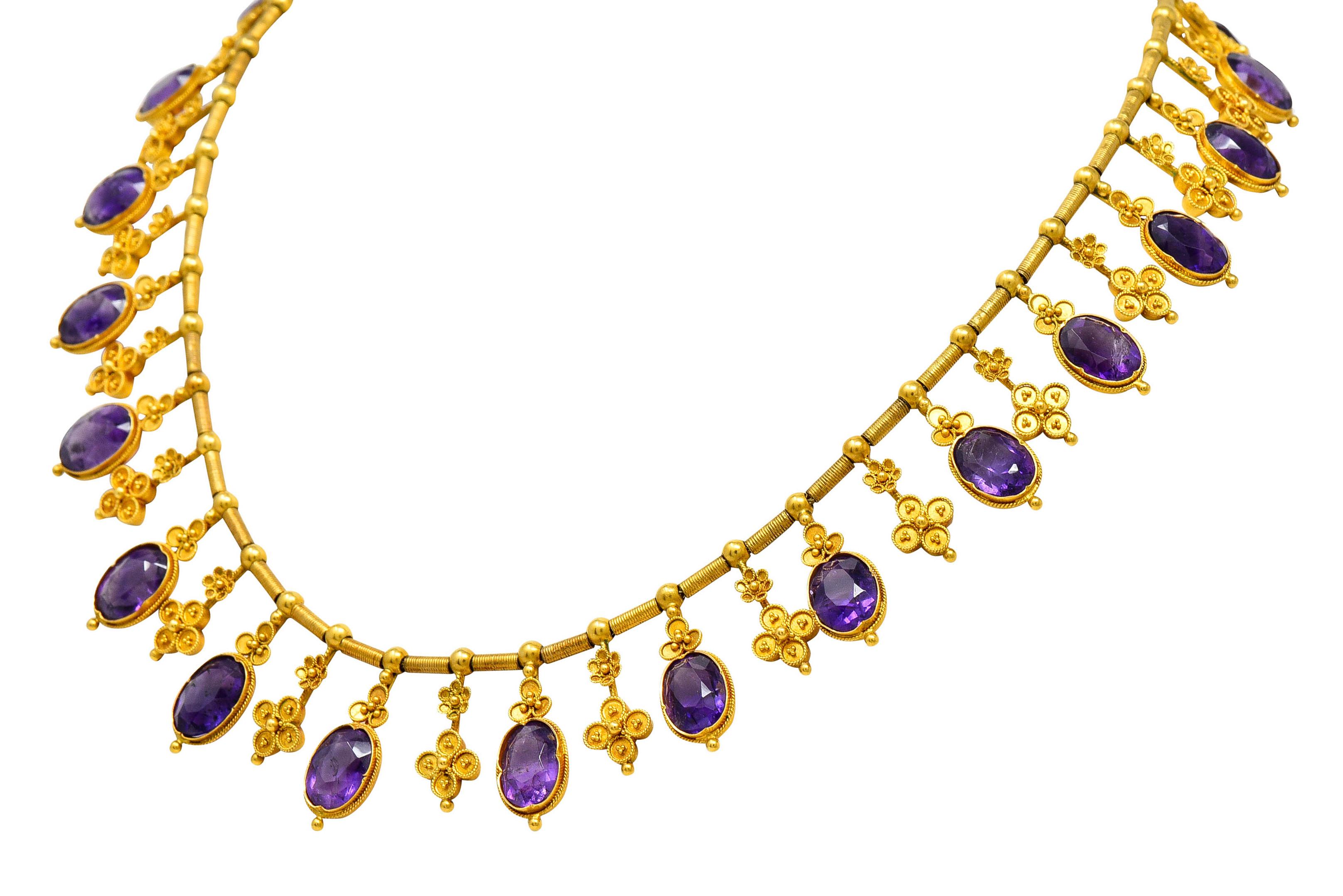 Oval Cut 1870's Victorian Etruscan Revival Amethyst 22 Karat Gold Fringe Collar Necklace