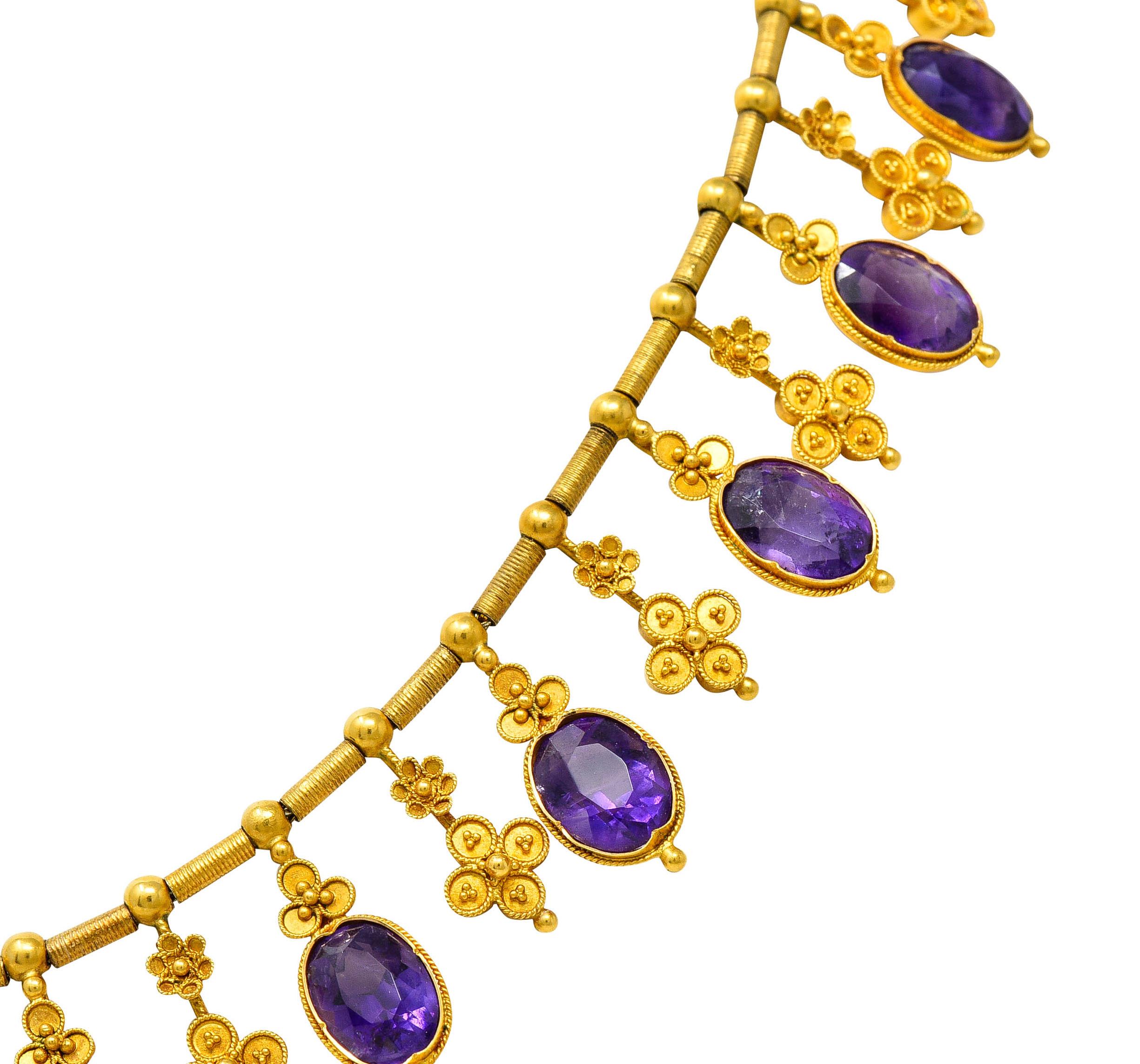 Women's or Men's 1870's Victorian Etruscan Revival Amethyst 22 Karat Gold Fringe Collar Necklace