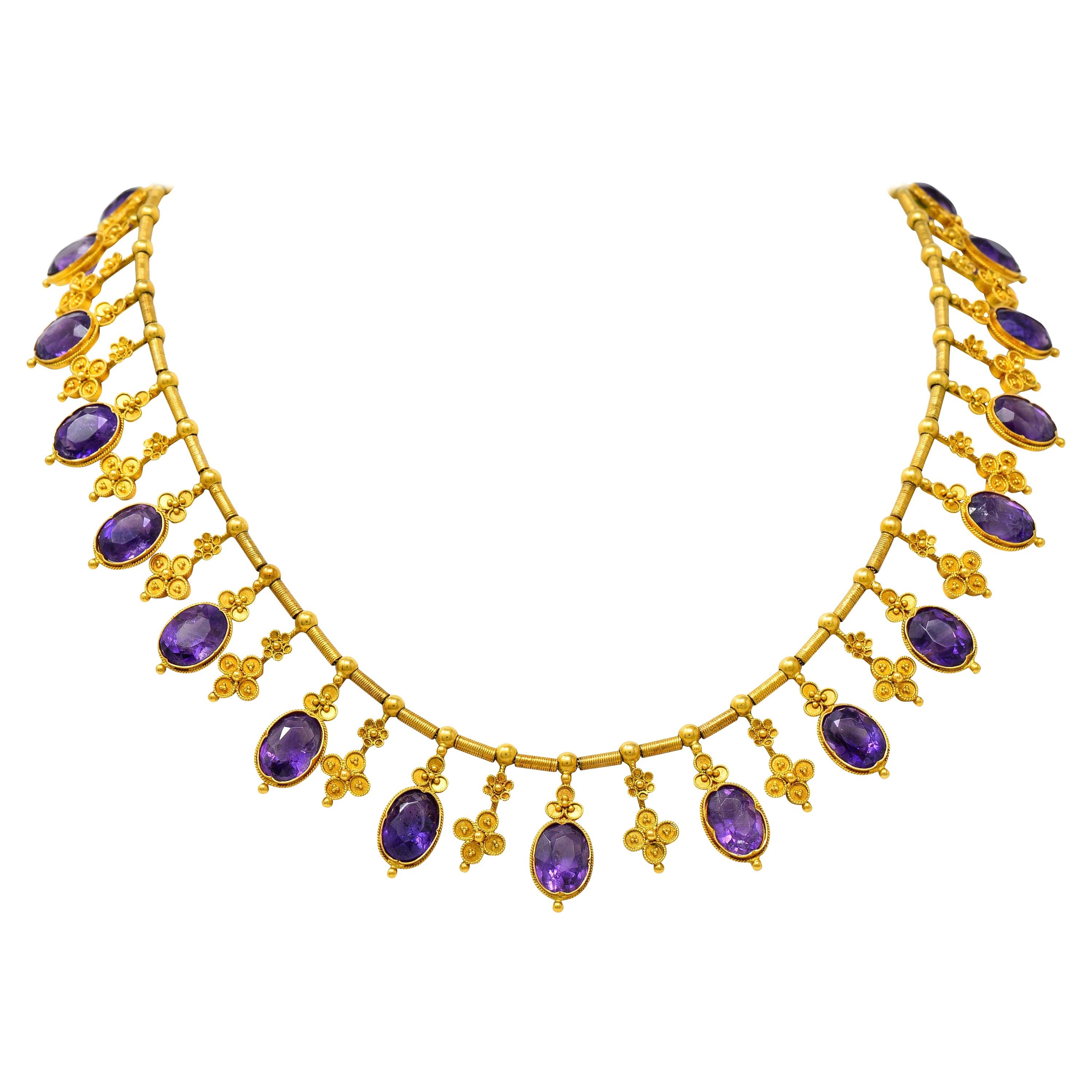 1870's Victorian Etruscan Revival Amethyst 22 Karat Gold Fringe Collar Necklace